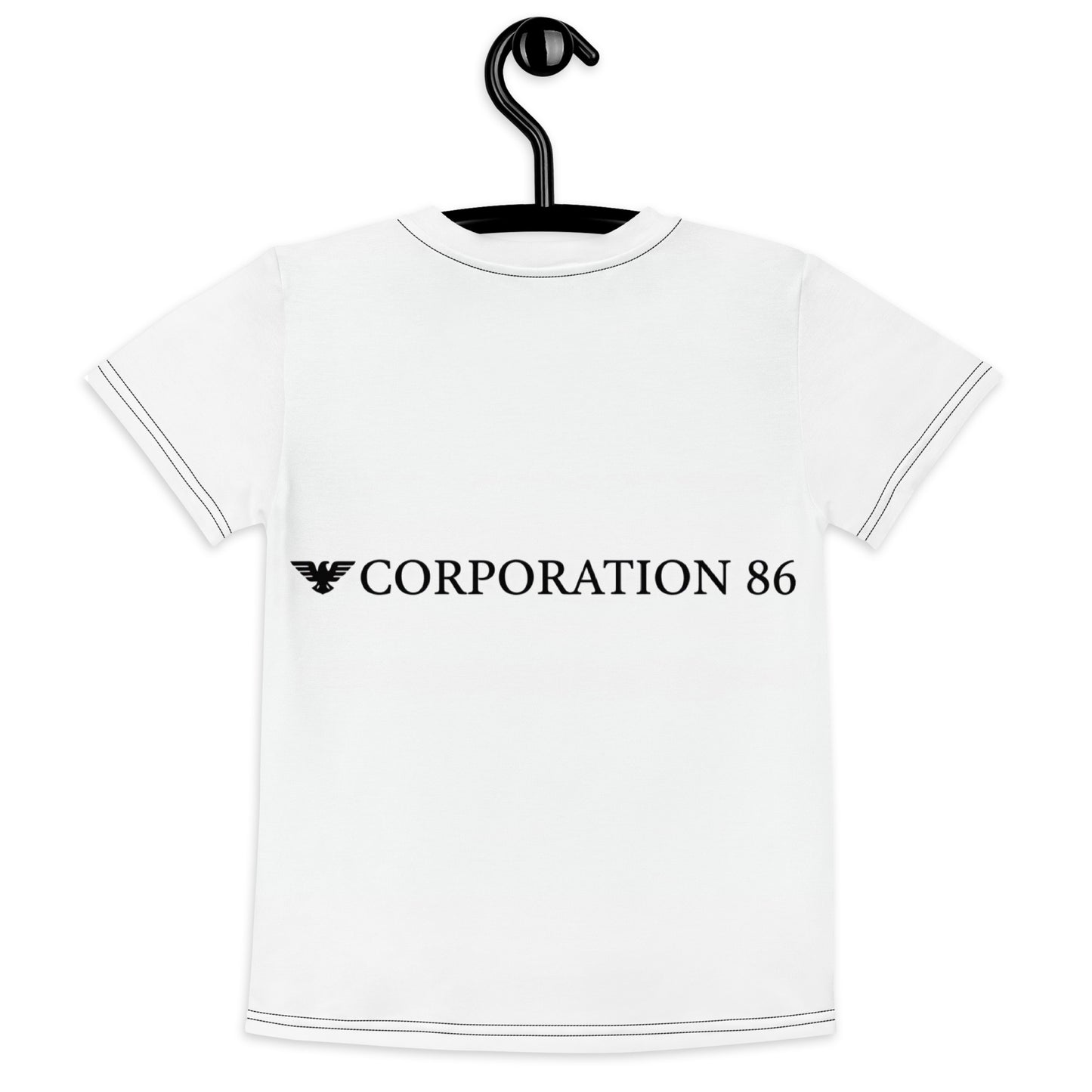 Maglietta bimbo a maniche corte CORPORATION-86 con stampa all-over bianca, vista da dietro.