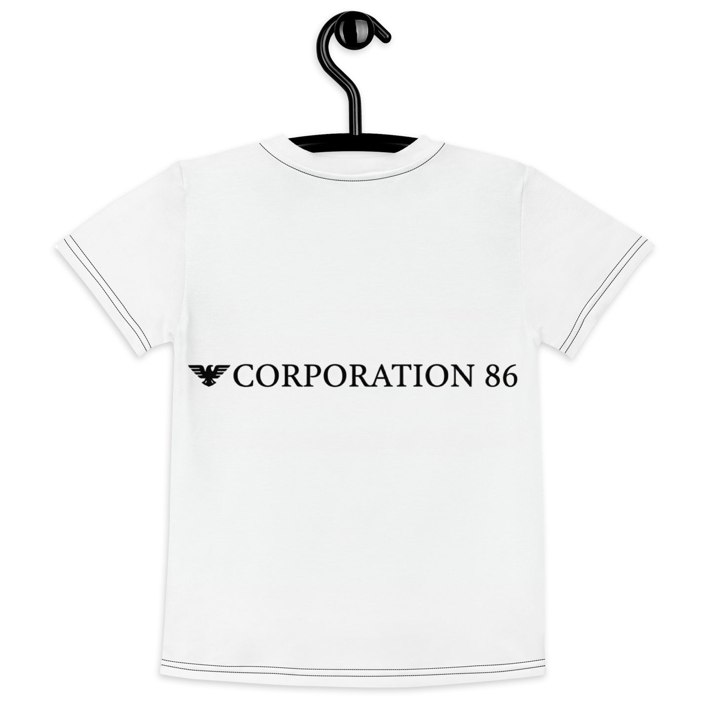 Maglietta a maniche corte per bambini CORPORATION-86 con stampa completa bianca vista da dietro.