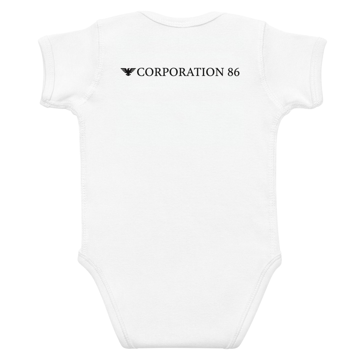 Body a bodysuit per neonati CORPORATION-86 a maniche corte bianco, vista da dietro, morbido e confortevole per il bebè.