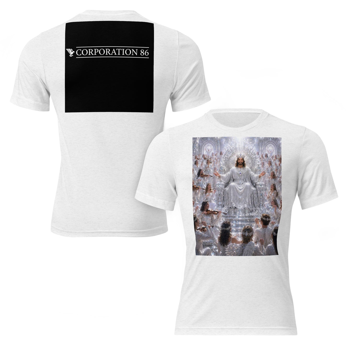 Maglietta unisex a maniche corte CORPORATION-86 in tessuto tri-blend bianco, vista frontale e posteriore.