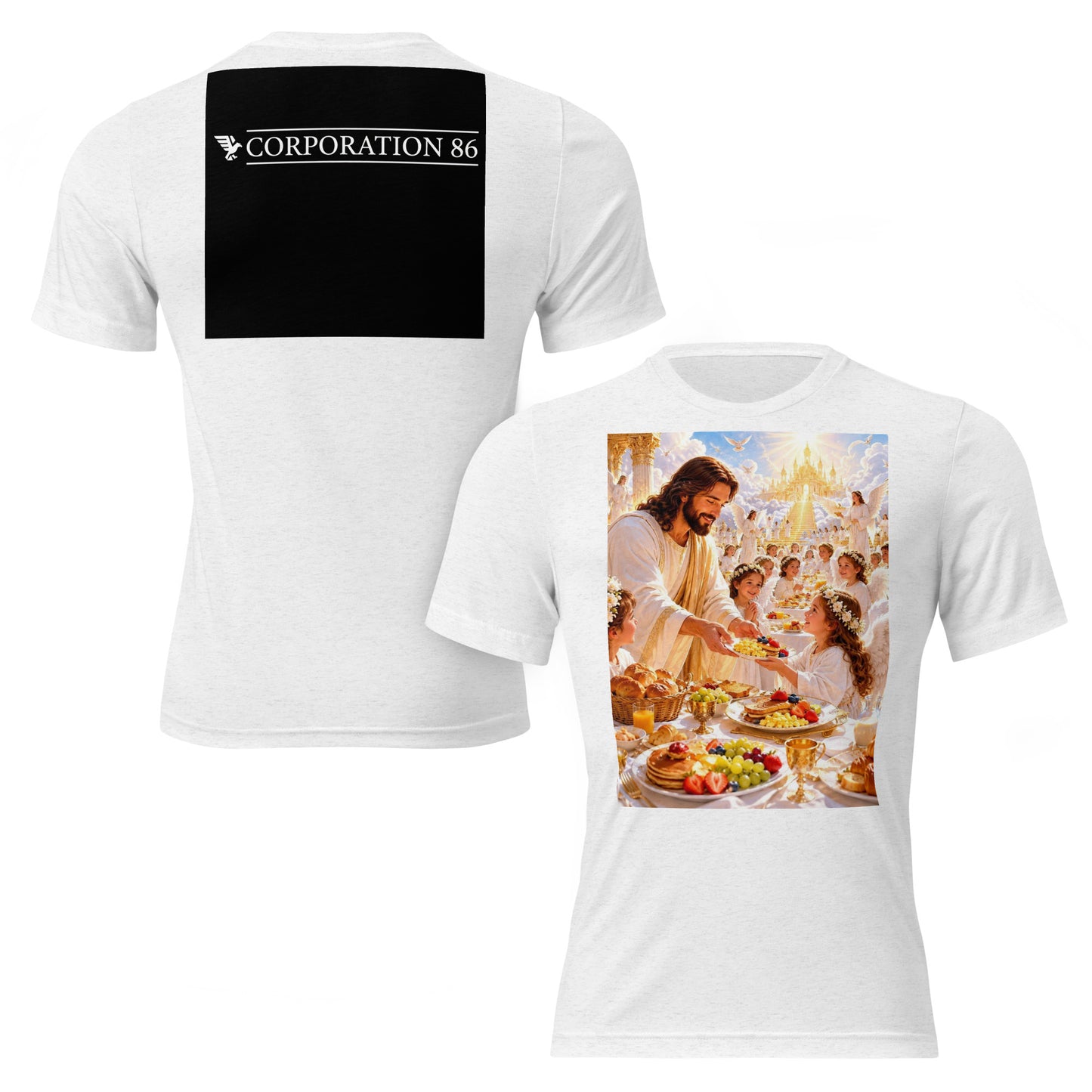 T-shirt unisex a maniche corte CORPORATION-86 in tessuto tri-blend bianco con fronte e retro, stile semplice e versatile.