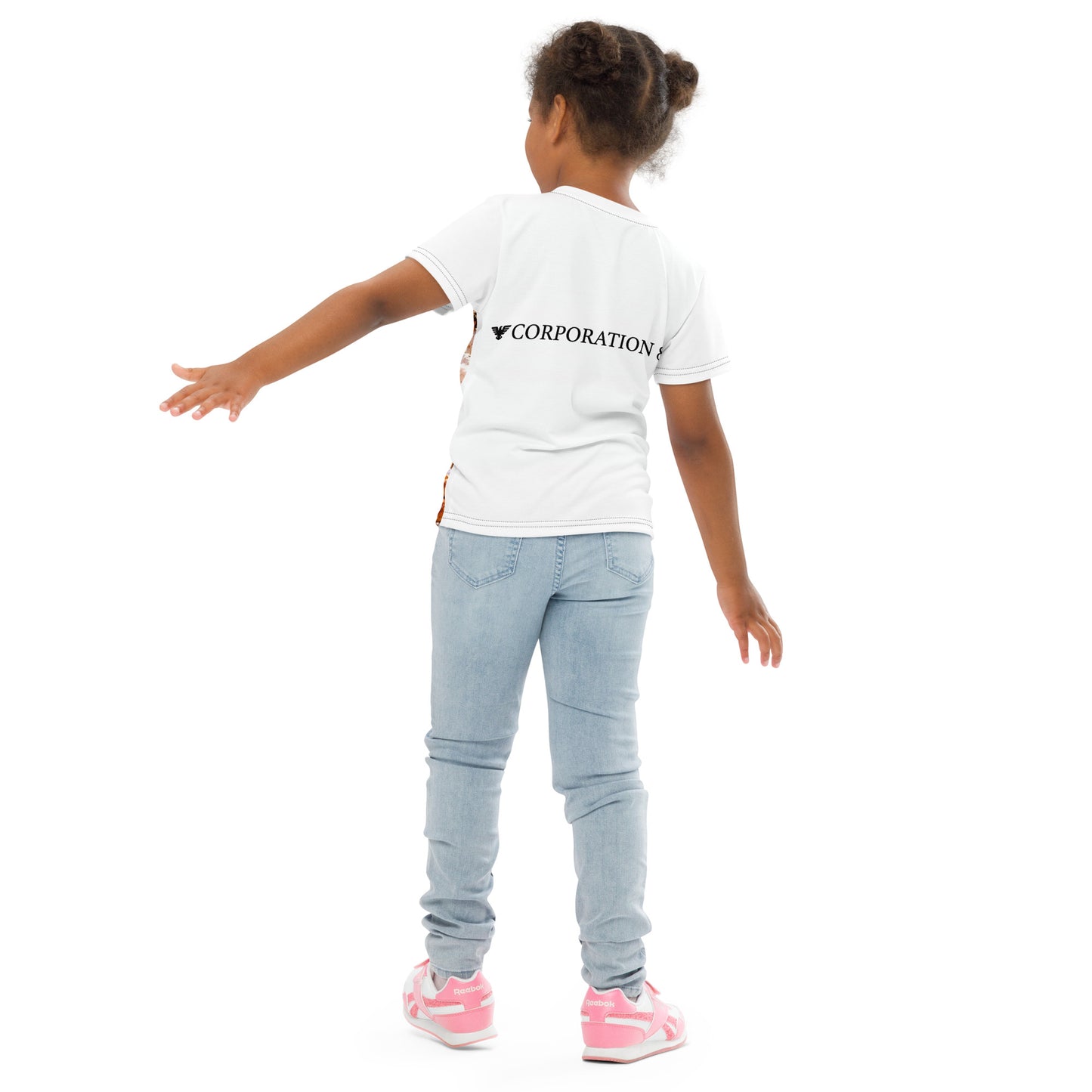 T-shirt per bambini a manica corta con collo rotondo brand CORPORATION-86, stampa all-over bianca, vista dalla schiena