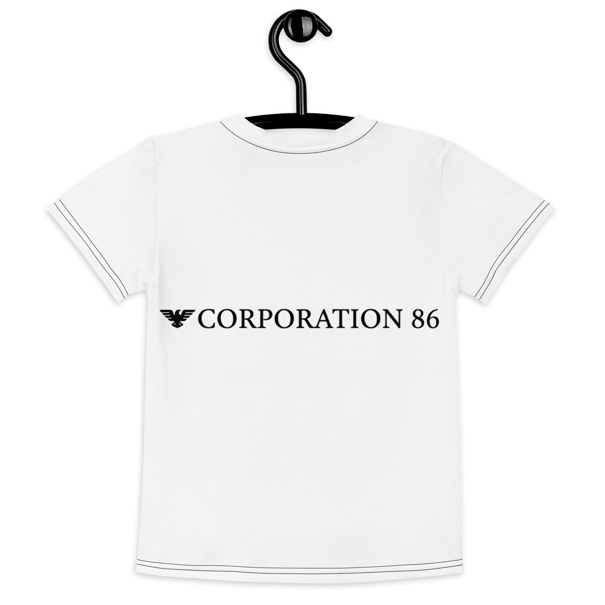 Maglietta a maniche corte per bambini CORPORATION-86 con stampa completa bianca vista da dietro.