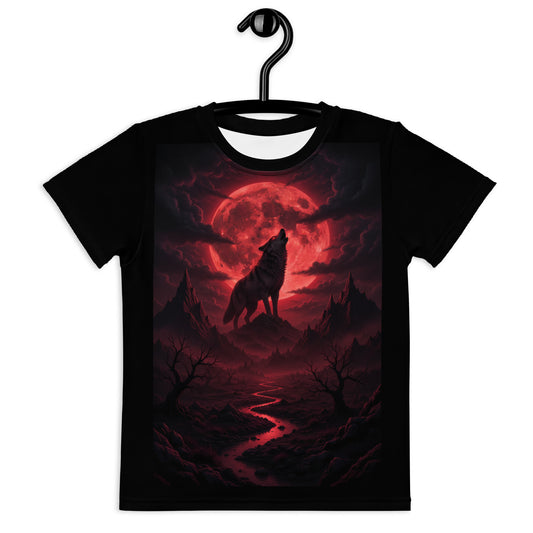 T-shirt da bambino a maniche corte CORPORATION-86, con stampa all-over bianca e collo rotondo, vista frontale.