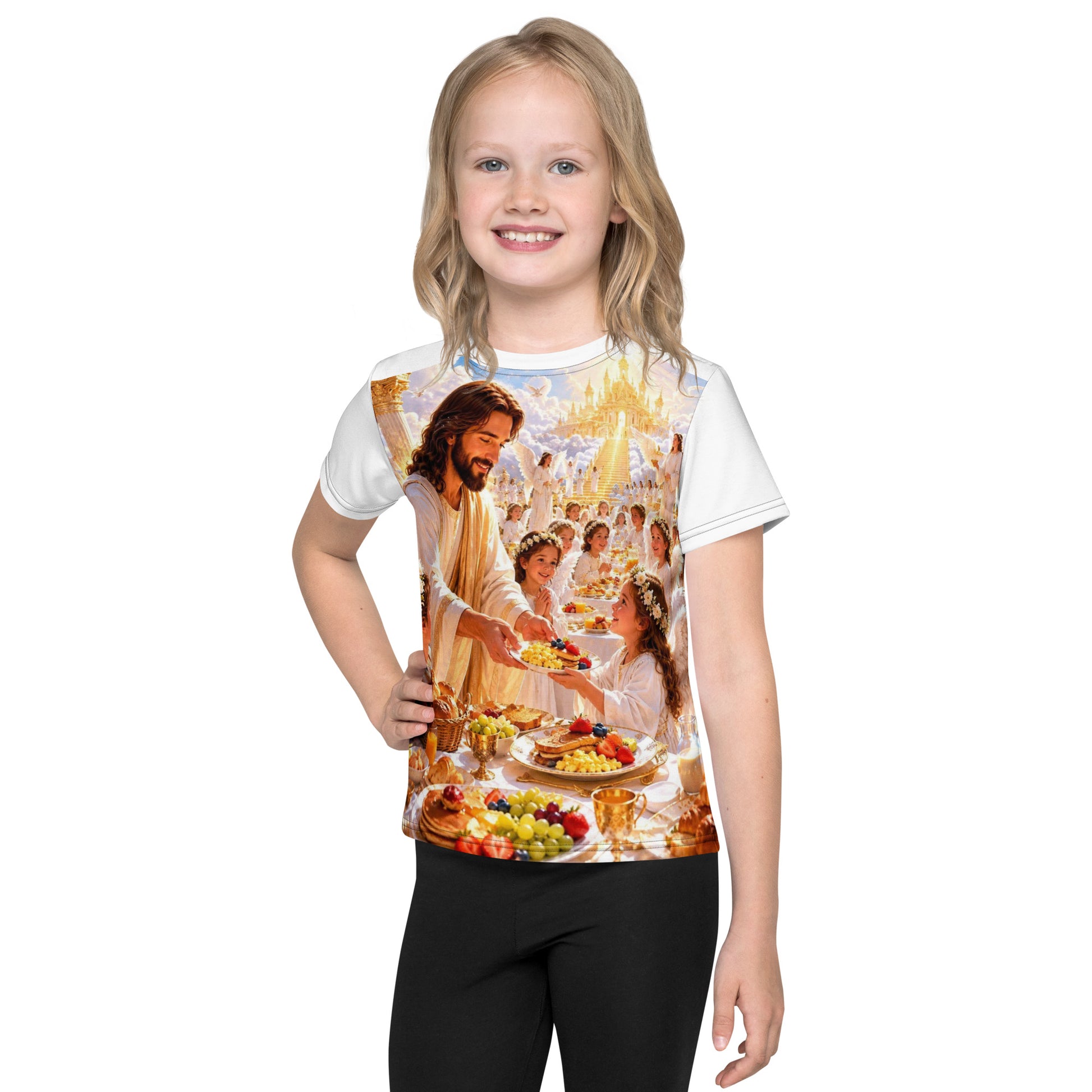 T-shirt per bambini a manica corta di CORPORATION-86, con stampa all-over bianca e collo rotondo, vista frontale.