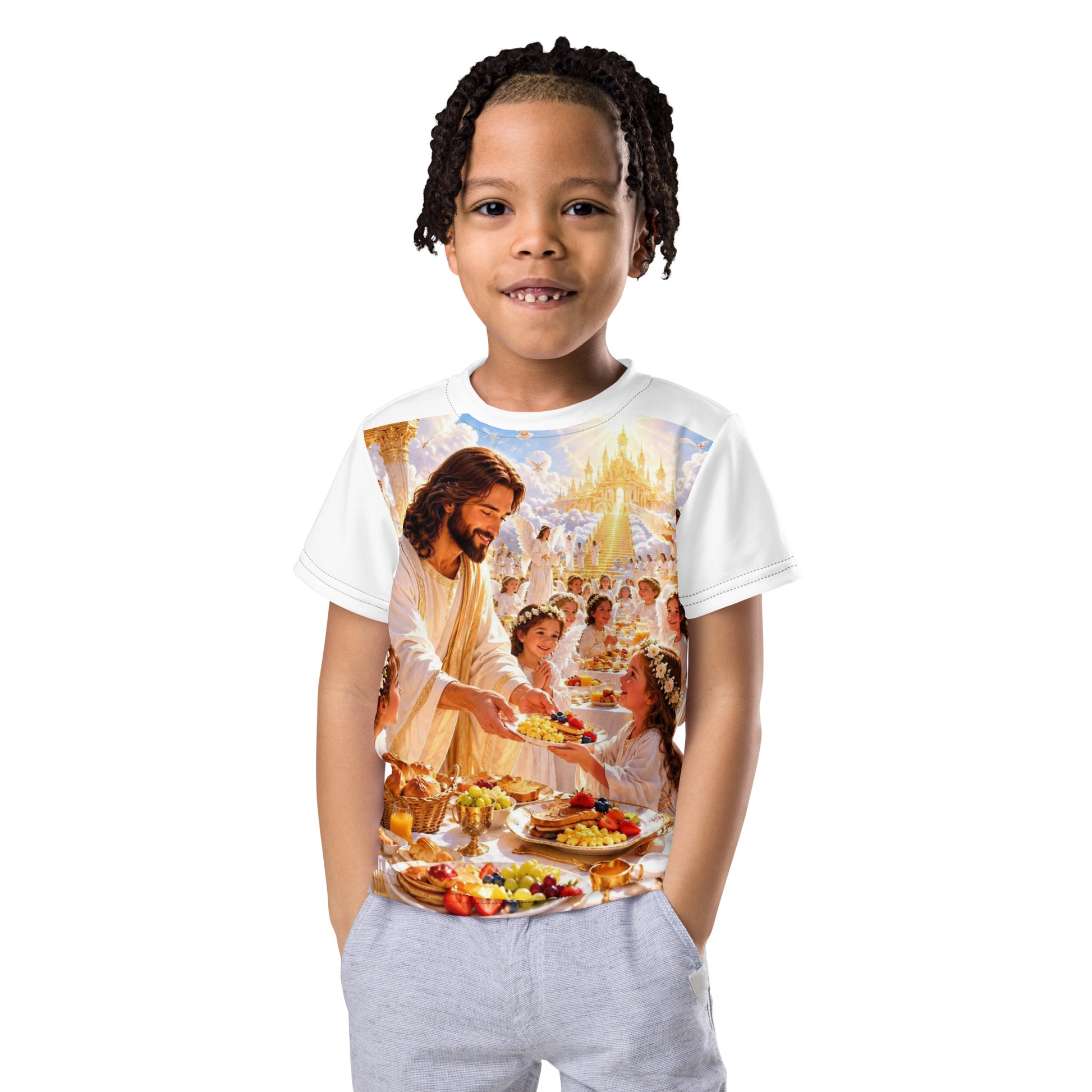 T-shirt bambino con girocollo CORPORATION-86, stampa all-over bianca, fronte visibile, morbido e confortevole.