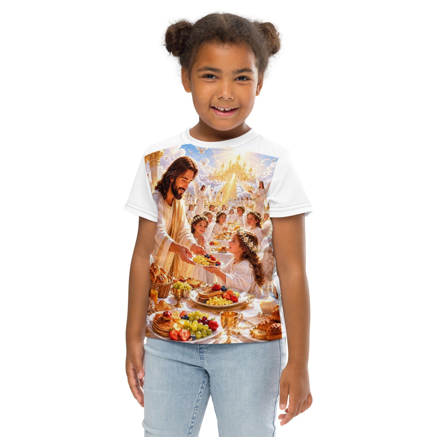 Maglietta per bambini a manica corta CORPORATION-86 con collo rotondo e stampa completa, colore bianco, vista frontale.