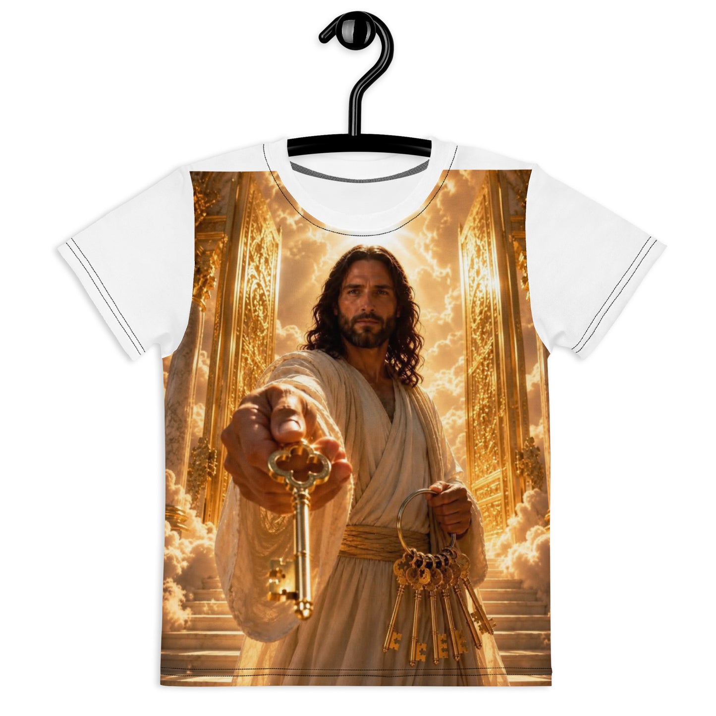 T-shirt per bambini a girocollo CORPORATION-86, bianca con stampa completa frontale, tessuto morbido e comodo per i più piccoli.