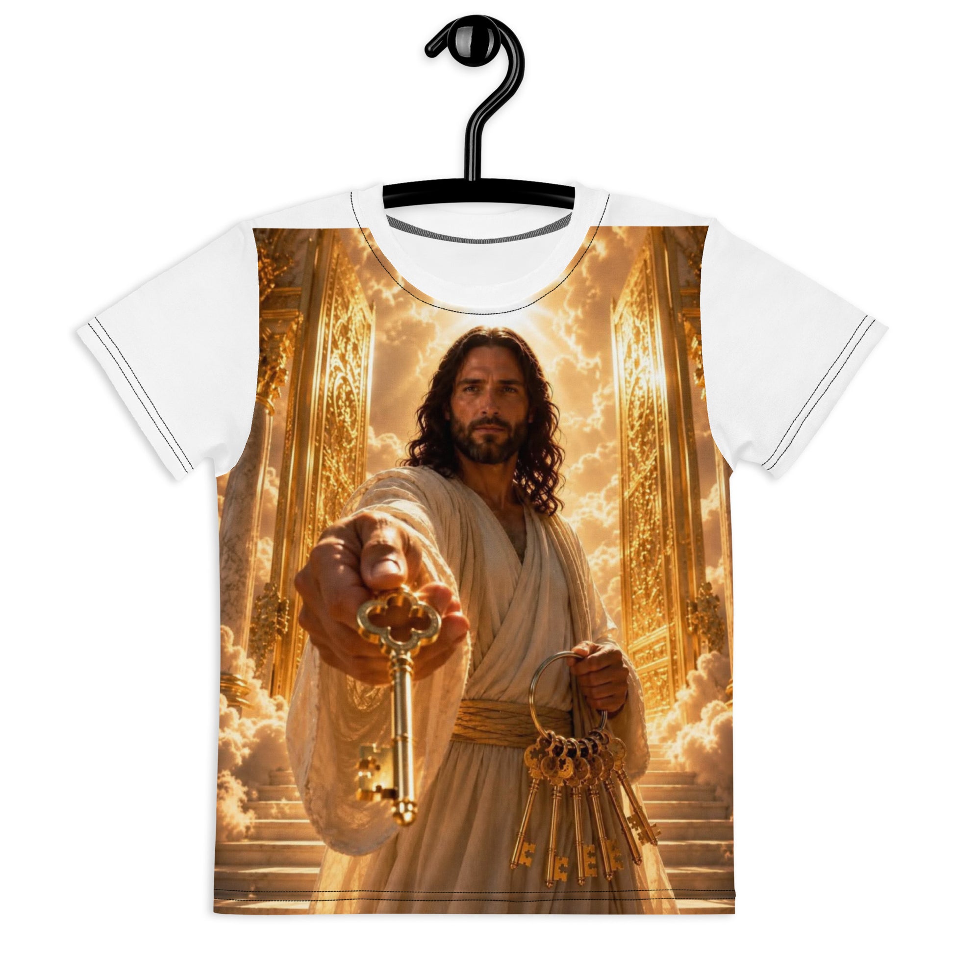 T-shirt per bambini a girocollo CORPORATION-86, bianca con stampa completa frontale, tessuto morbido e comodo per i più piccoli.