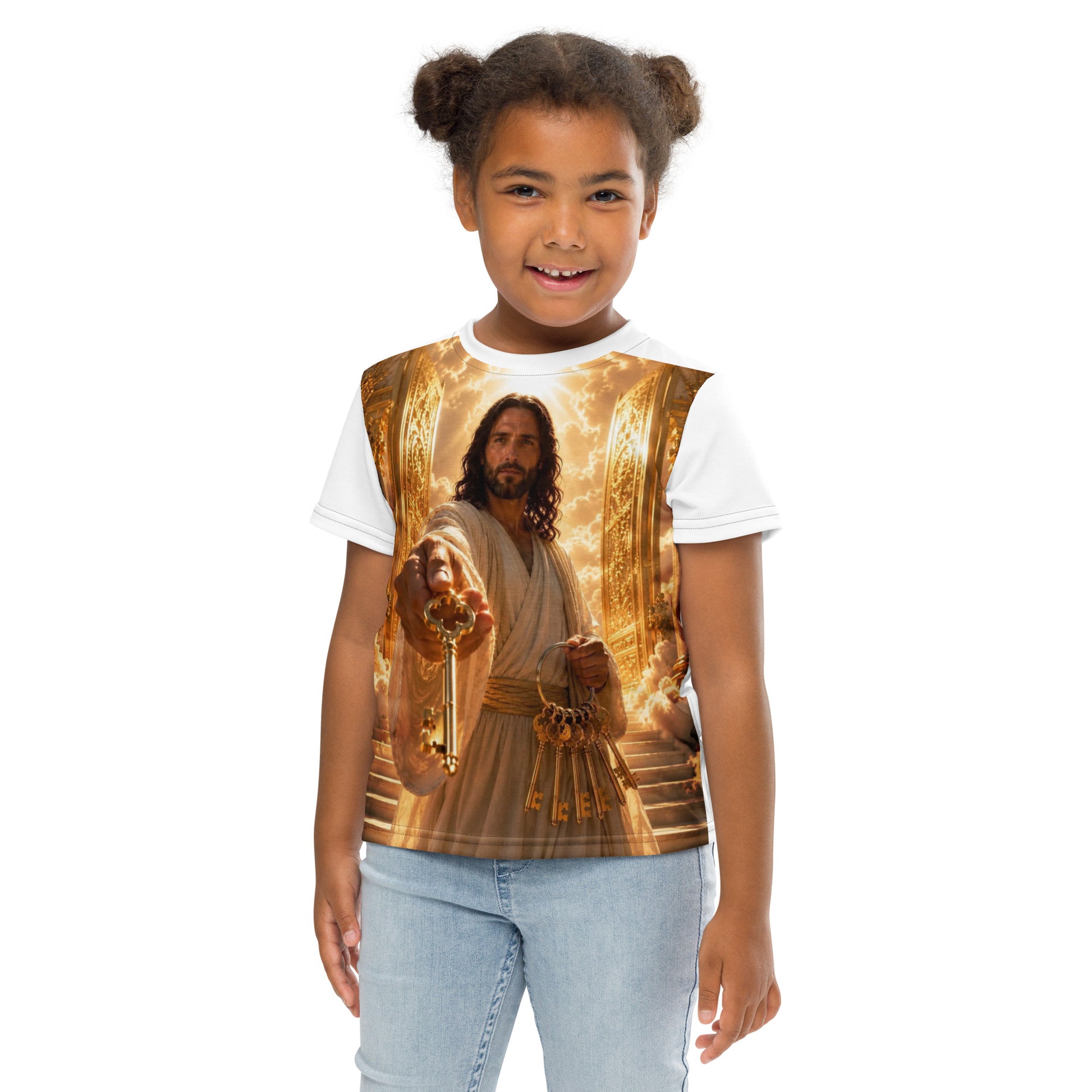 T-shirt bambino a maniche corte CORPORATION-86 con stampa all-over bianca, collo rotondo, vista frontale.