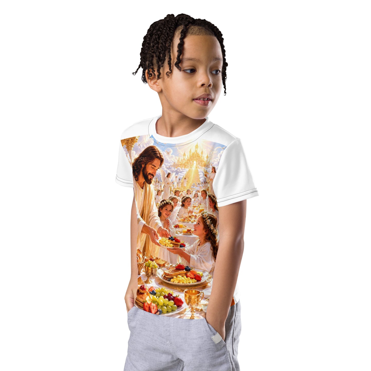 T-shirt bambino a maniche corte con collo rotondo, stampa completa, marca CORPORATION-86, colore bianco, vista frontale sinistra
