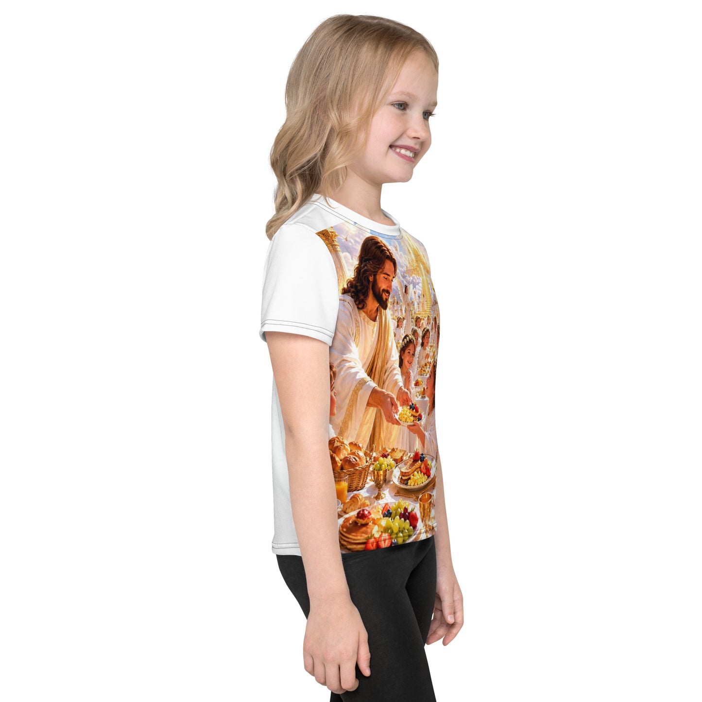 T-shirt da bambino a manica corta con collo rotondo, stampa completa, in cotone bianco di CORPORATION-86.