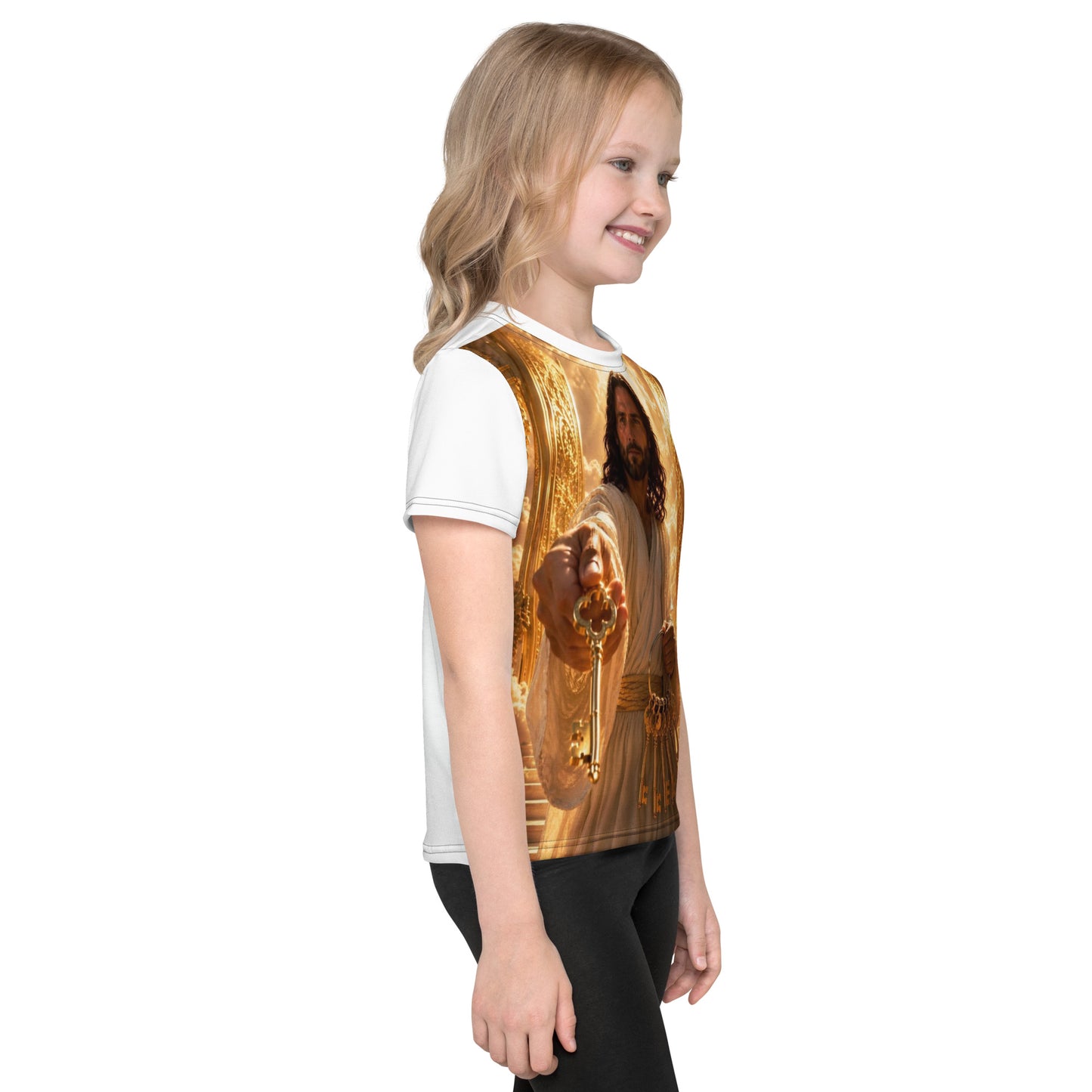 Maglietta a maniche corte per bambini CORPORATION-86 con stampa all-over bianca, collo rotondo e design colorato.