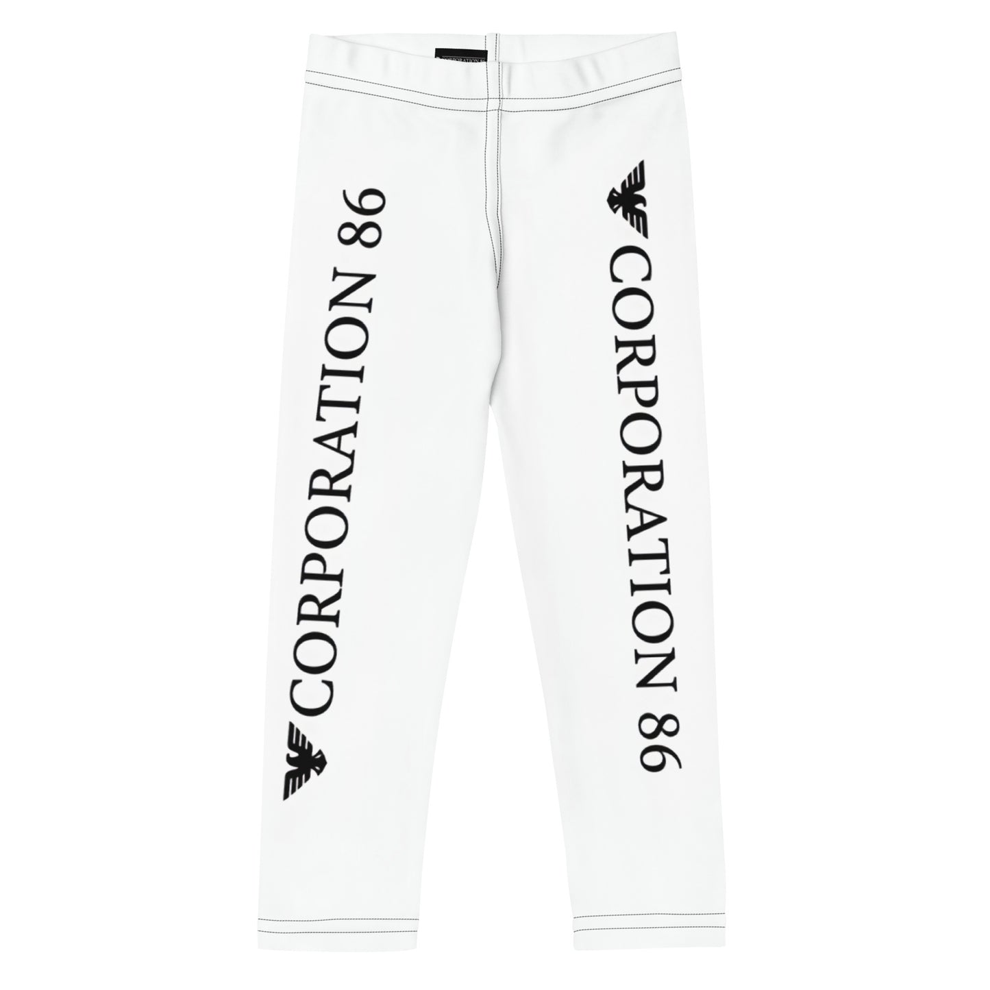 Leggings per bambini CORPORATION-86 con stampa a tutto tondo, design bianco frontale, morbide e comode per i più piccoli.