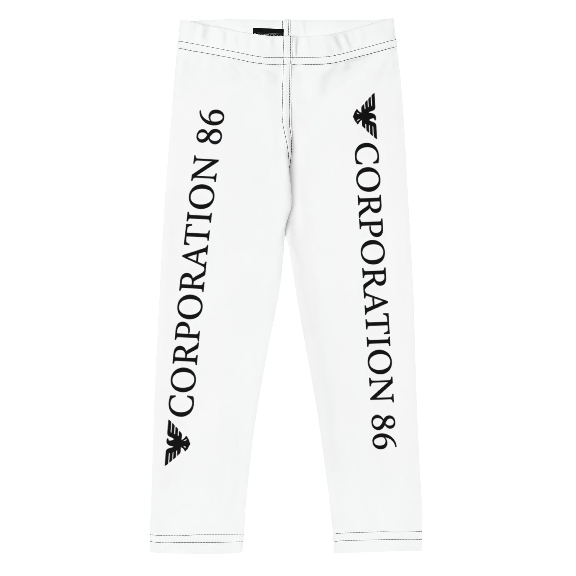 Leggings per bambini CORPORATION-86 con stampa a tutto tondo, design bianco frontale, morbide e comode per i più piccoli.