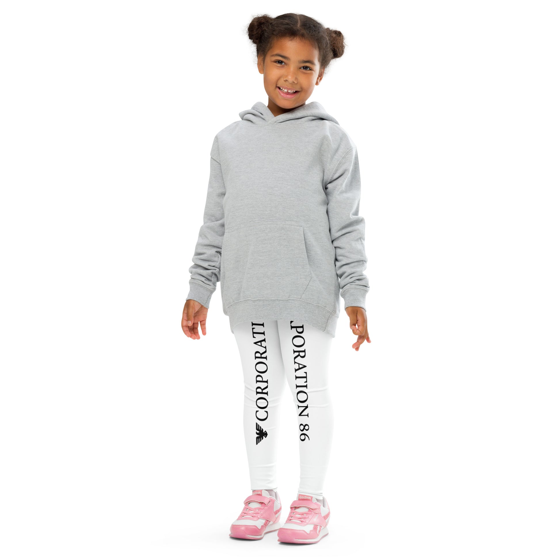 Leggings per bambini CORPORATION-86 con stampa integrale bianca, tessuto morbido e comodo, fronte visibile nell'immagine.