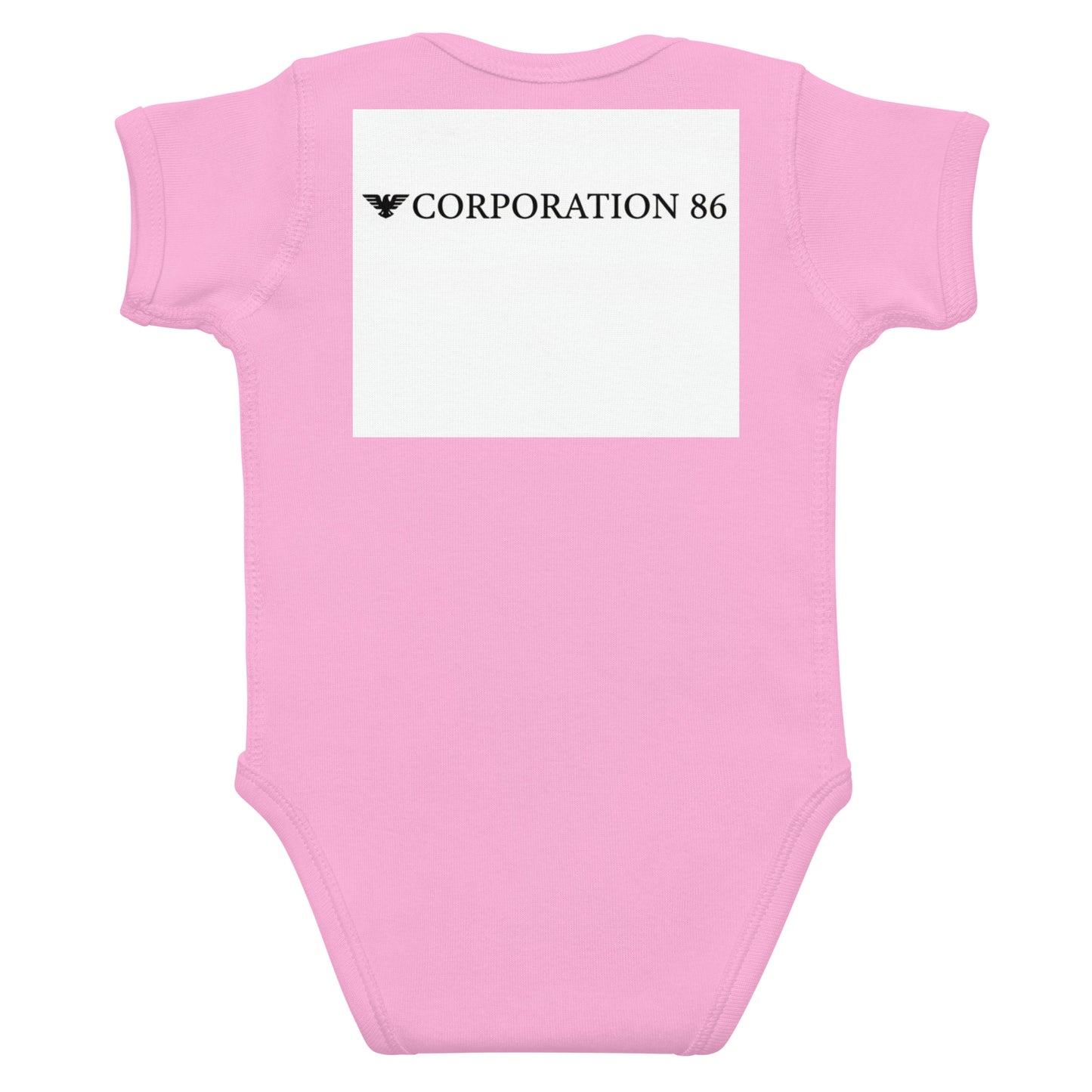 Body a manica corta per neonato CORPORATION-86, tutina rosa per bebè con schiena visibile.