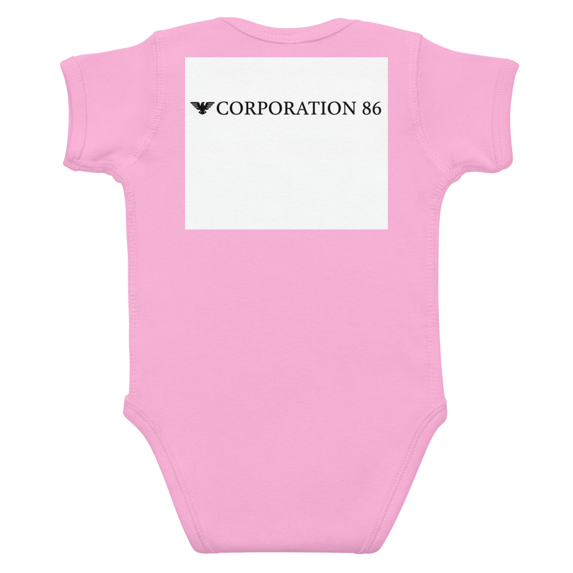 Body a manica corta per neonato CORPORATION-86, tutina rosa per bebè con schiena visibile.