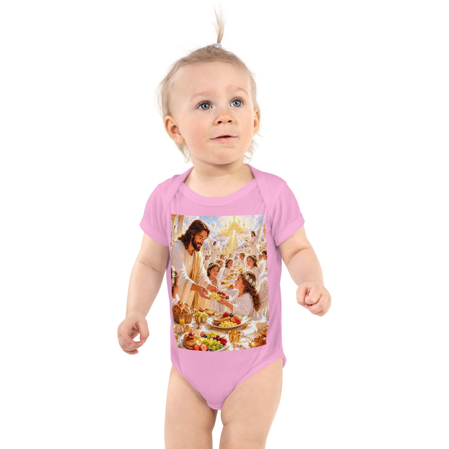 Body a body per neonato CORPORATION-86 con maniche corte e design rosa, vista frontale.