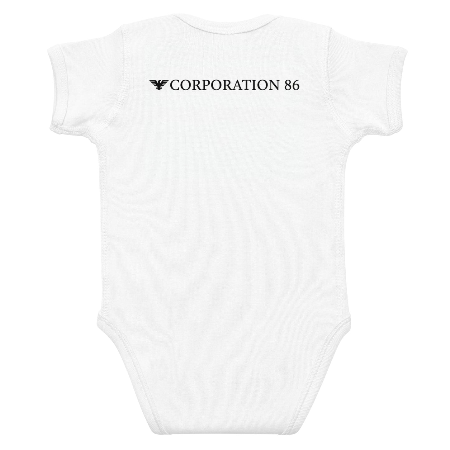 Body a bodysuit per neonato CORPORATION-86 a maniche corte bianco, vista posteriore, morbido e comodo per il bambino.