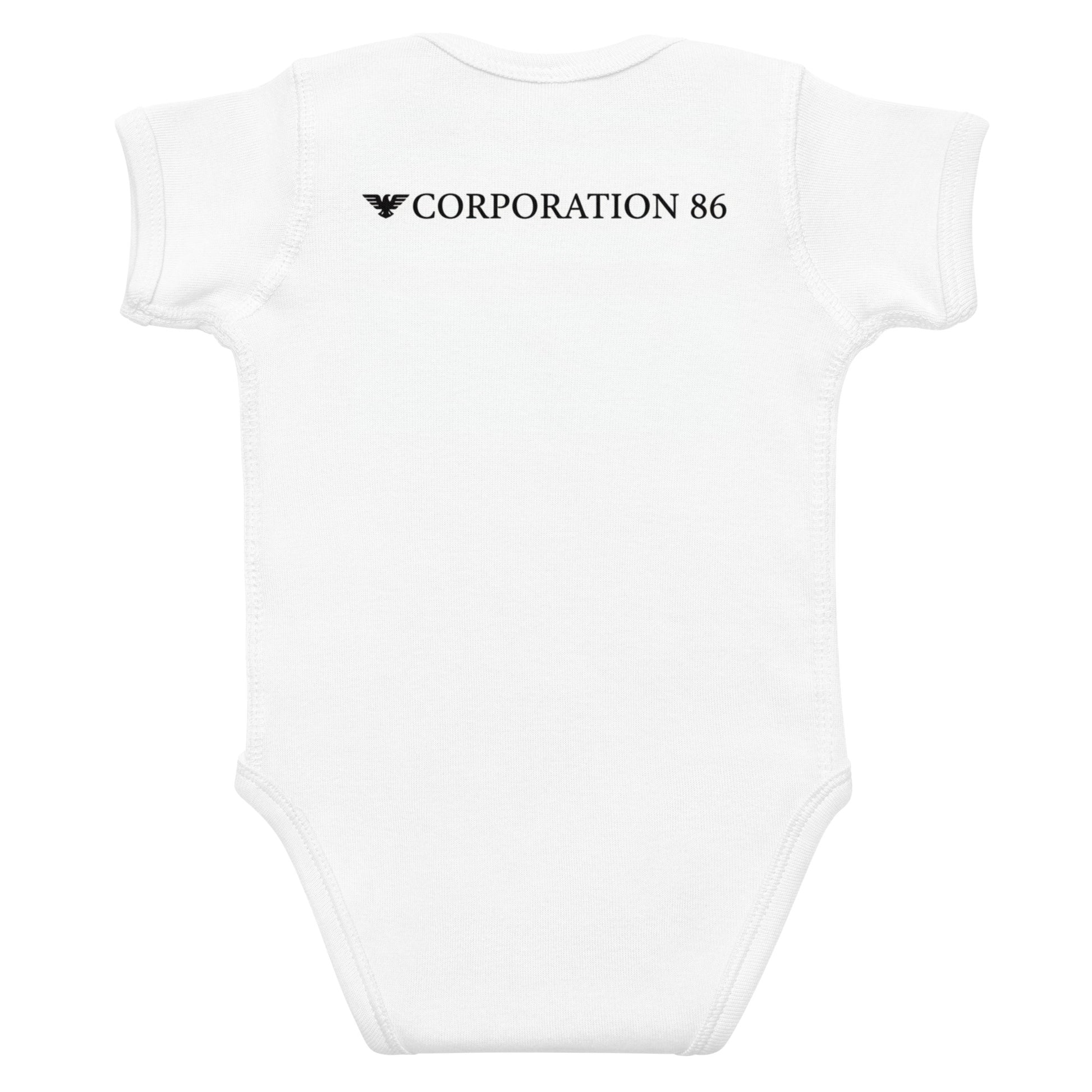 Body a bodysuit per neonato CORPORATION-86 a maniche corte bianco, vista posteriore, morbido e comodo per il bambino.
