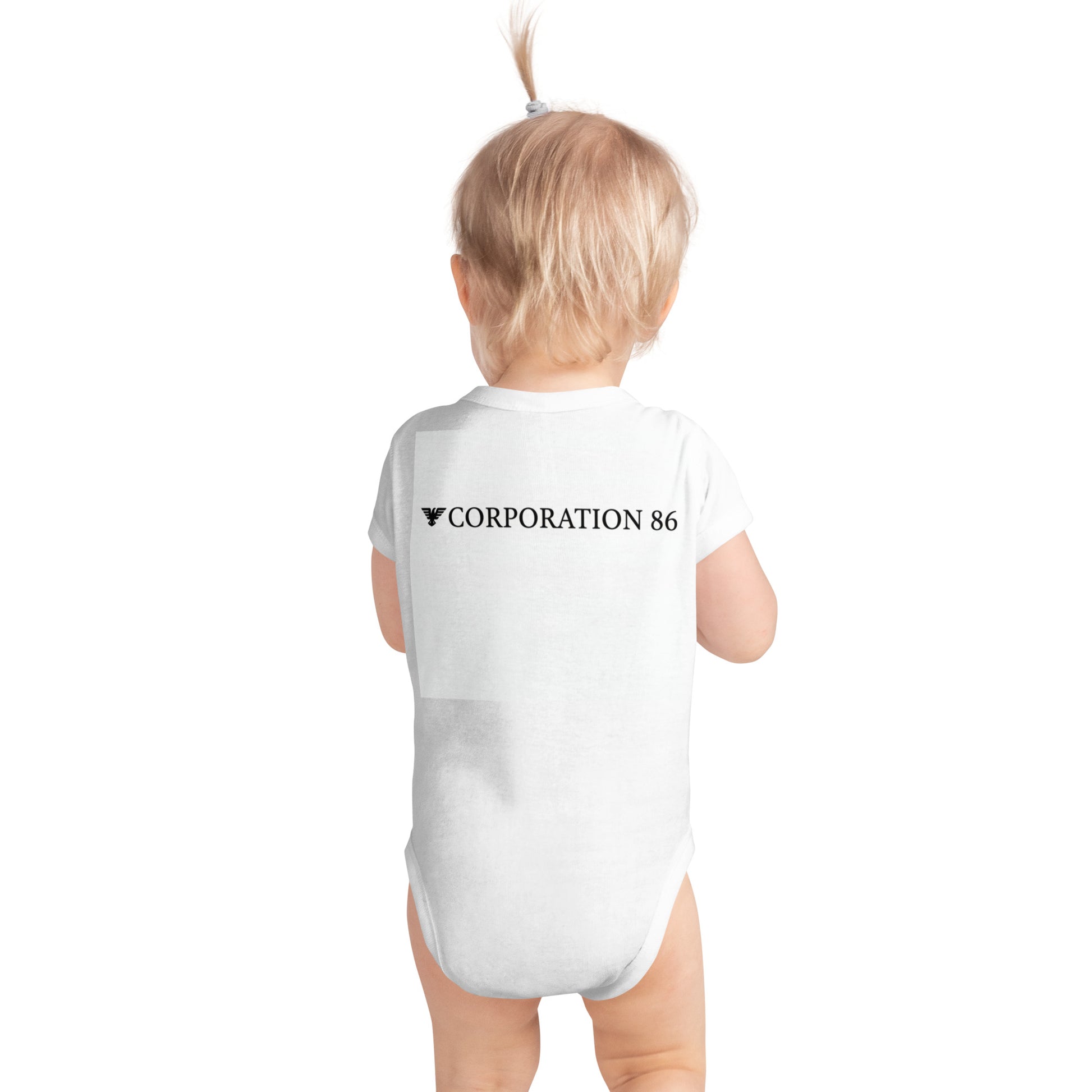 Body a bodysuit per neonato CORPORATION-86 con maniche corte bianca, vista posteriore, tessuto morbido e confortevole.