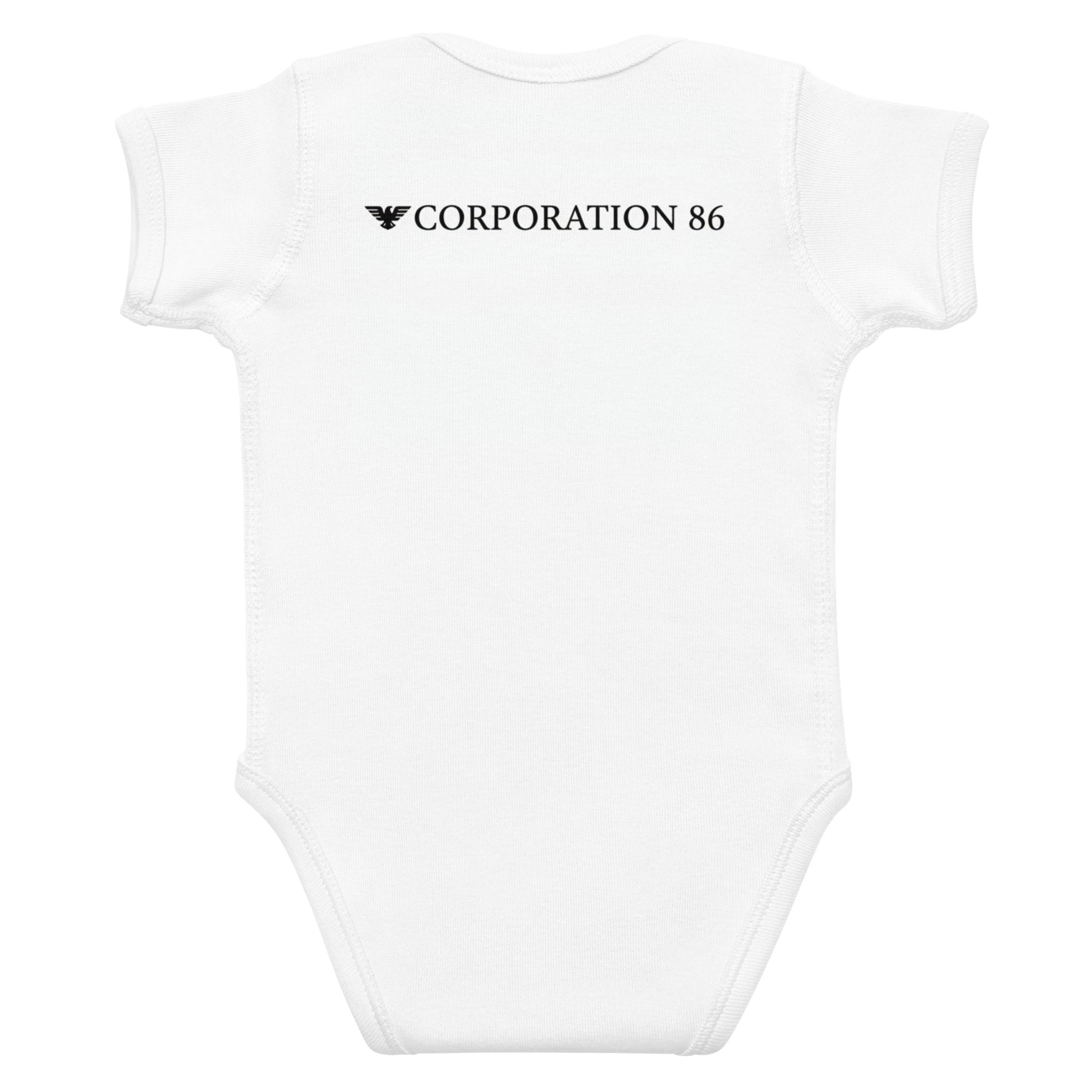 Body a bodysuit per neonati CORPORATION-86 a maniche corte bianco, vista da dietro, morbido e confortevole per il bebè.