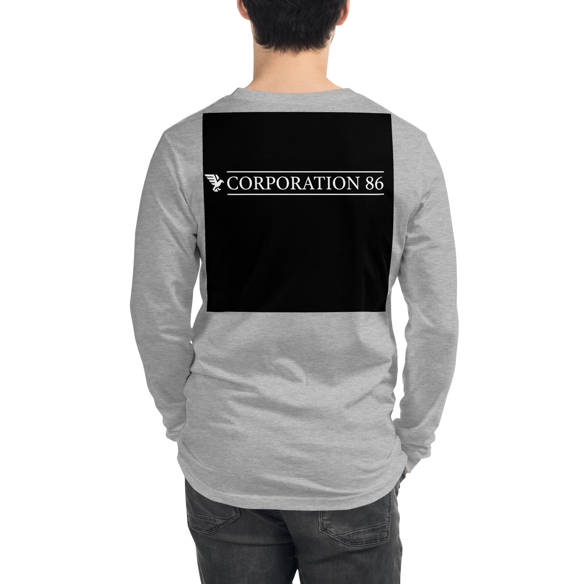 Maglietta a maniche lunghe unisex CORPORATION-86 in tessuto atletico heather, vista posteriore, stile casual e sportivo.