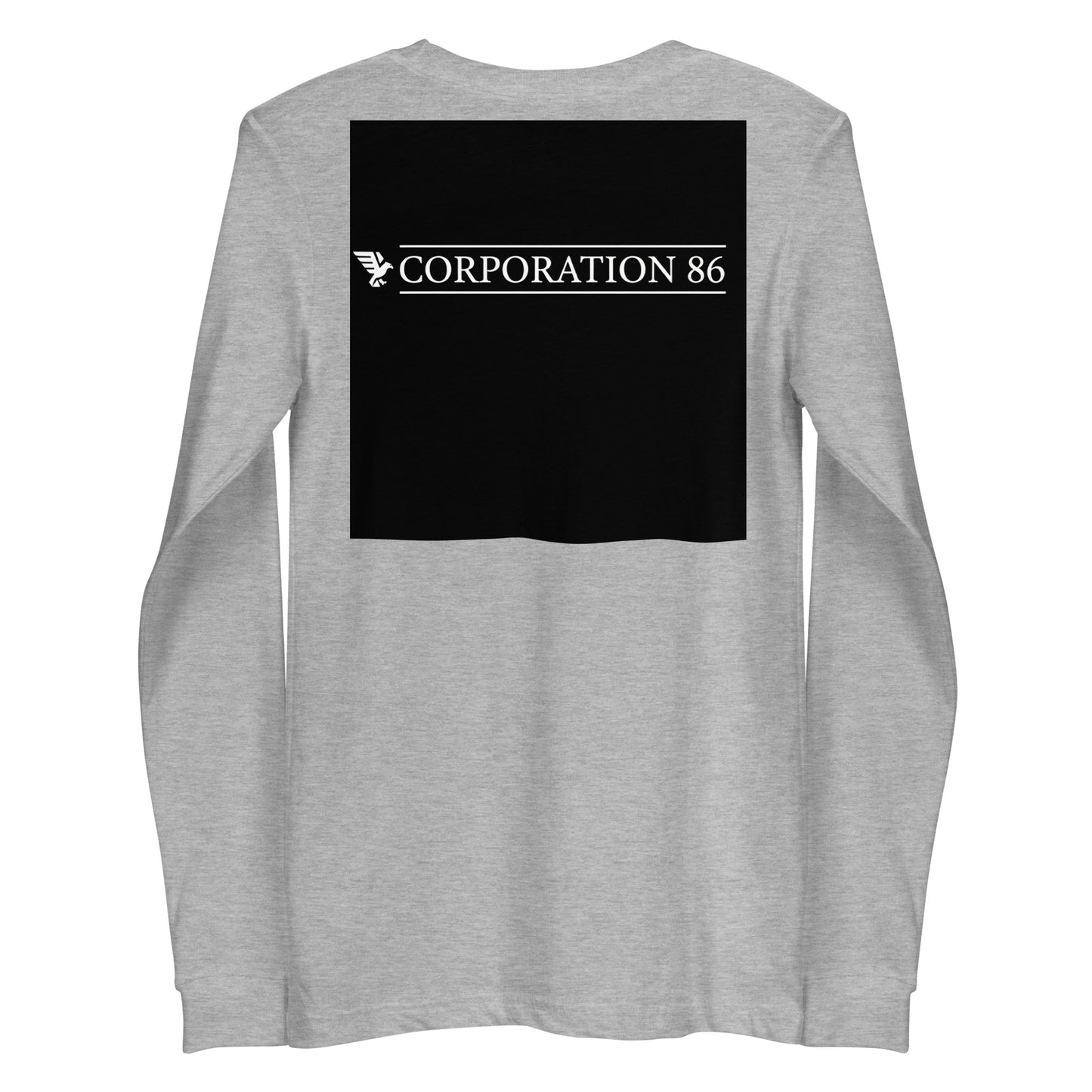 Maglietta unisex a maniche lunghe CORPORATION-86 in tessuto athletic heather, vista posteriore, stile casual e sportivo.