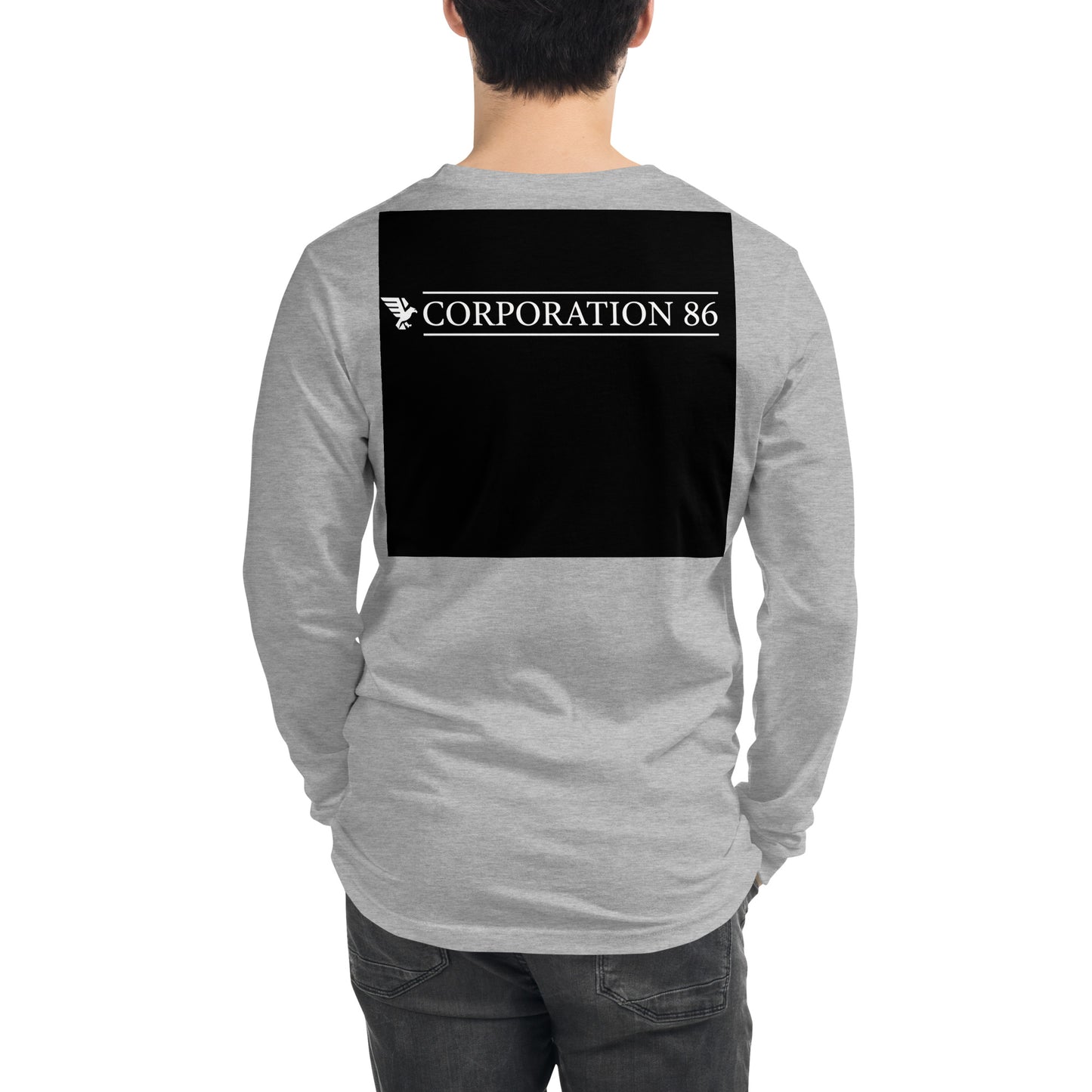 T-shirt unisex a maniche lunghe CORPORATION-86 in tessuto athletico con dettagli sul retro, colore heather.