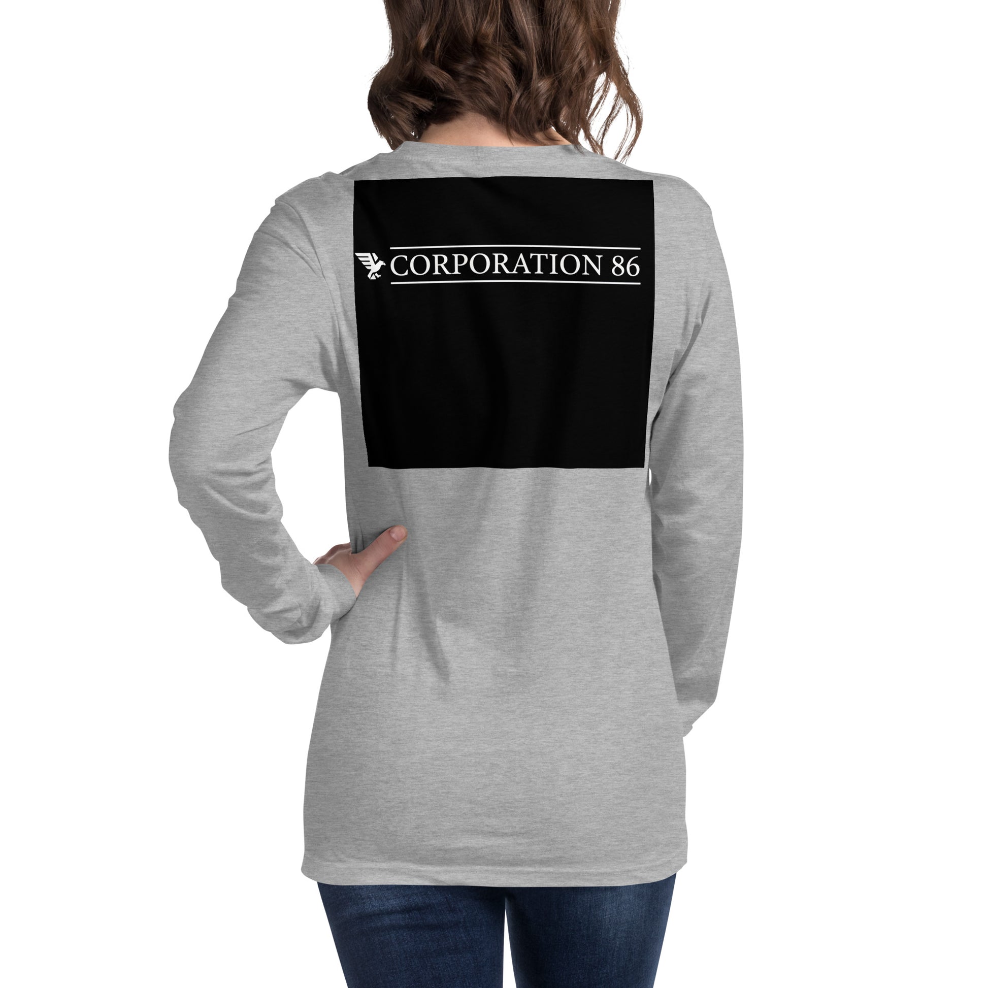 Maglietta unisex a maniche lunghe CORPORATION-86 in tessuto athletic heather, vista posteriore con dettaglio del collo e maniche.