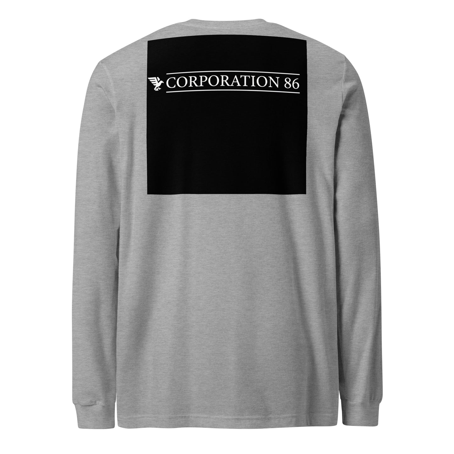 Maglietta unisex a maniche lunghe CORPORATION-86 in tessuto tecnico athletic heather vista da dietro, vestibilità comoda e stile sportivo.