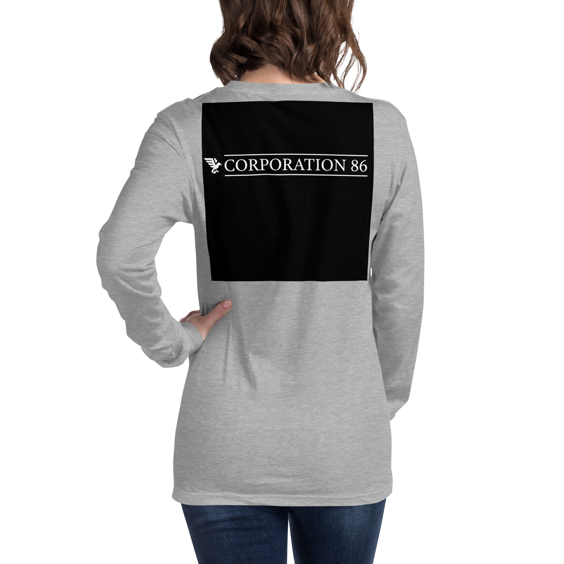 Maglietta unisex a maniche lunghe CORPORATION-86 in tessuto sportivo Heather, vista posteriore, comoda e casual.