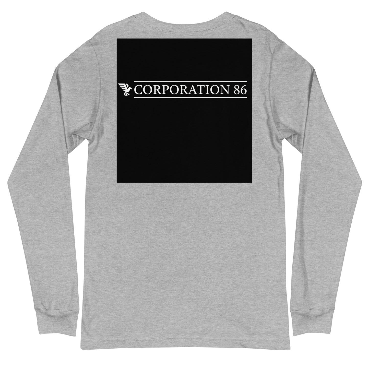 Maglietta unisex a maniche lunghe CORPORATION-86 in tessuto athletico heather vista da dietro, modello casual e sportivo.