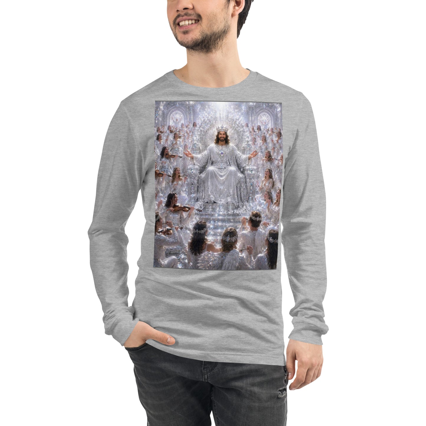 Maglietta unisex a maniche lunghe CORPORATION-86 in tessuto athletic heather, vista frontale.