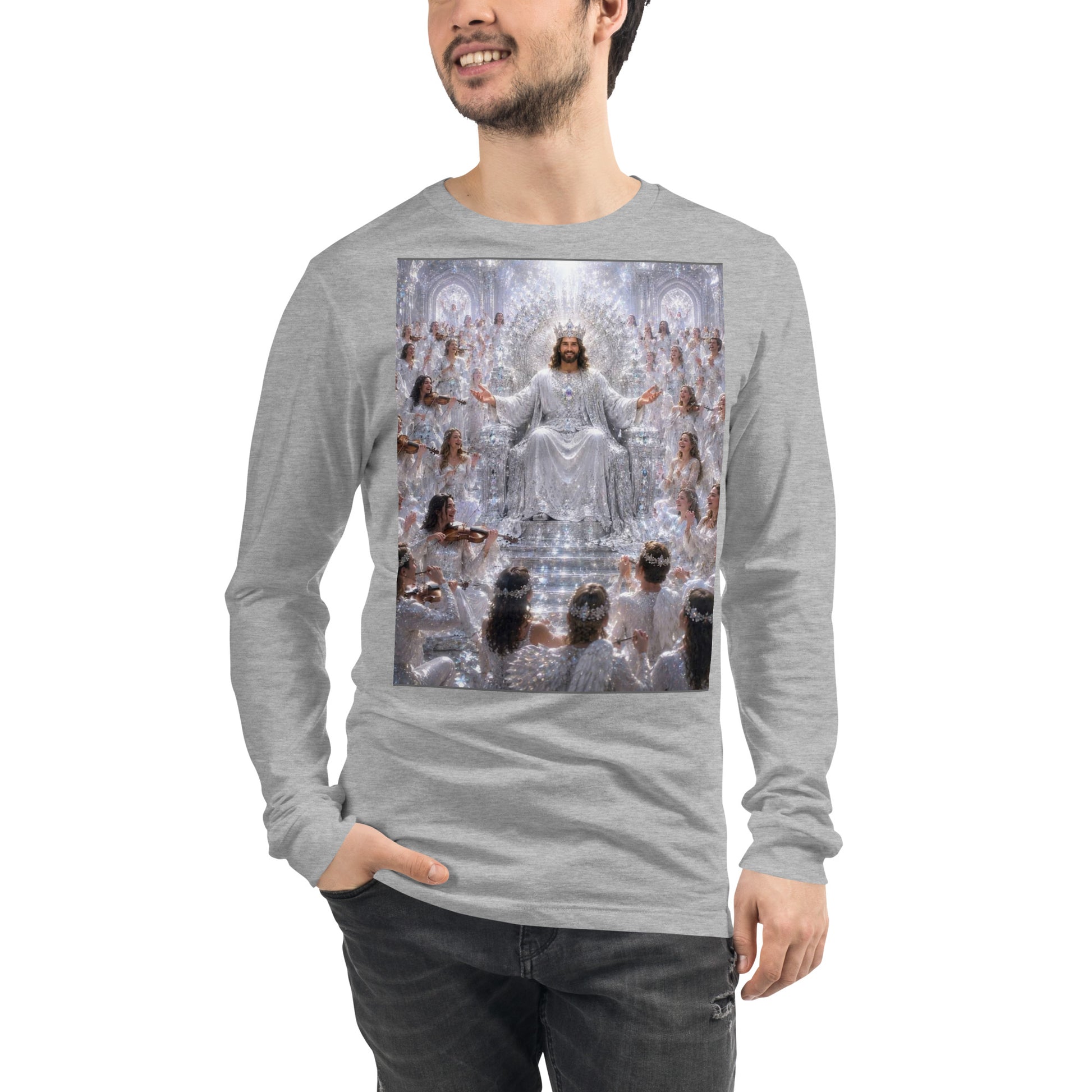 Maglietta unisex a maniche lunghe CORPORATION-86 in tessuto athletic heather, vista frontale.
