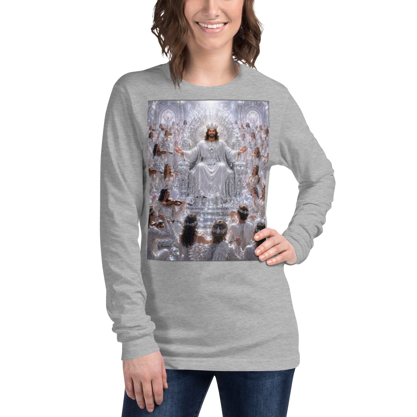 Maglietta unisex a maniche lunghe CORPORATION-86 in tessuto athletic heather, vista frontale.