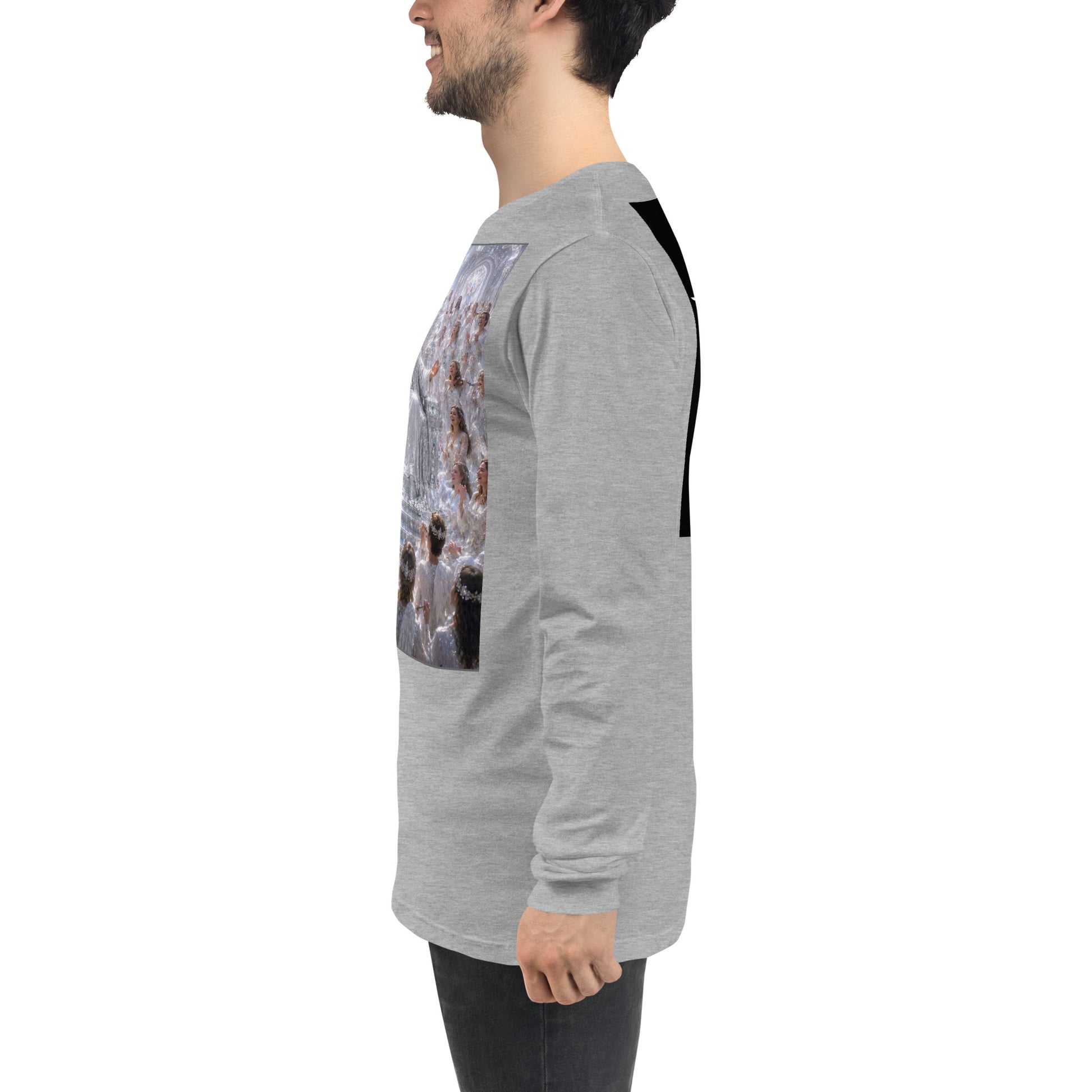 Maglietta unisex a maniche lunghe CORPORATION-86 in tessuto athletic heather, visibile da lato con dettagli del tessuto e vestibilità.
