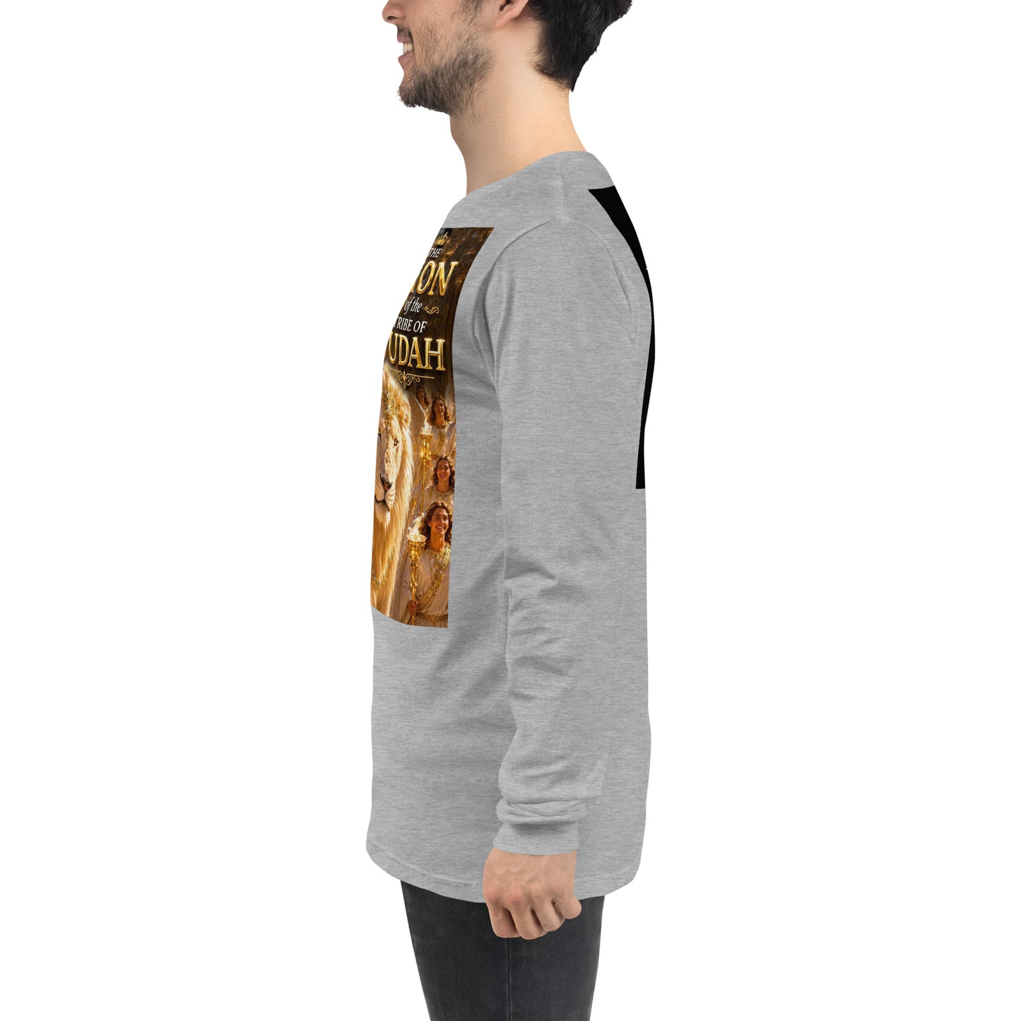 T-shirt unisex a maniche lunghe in tessuto athletic heather, marca CORPORATION-86, vista frontale sul lato sinistro.