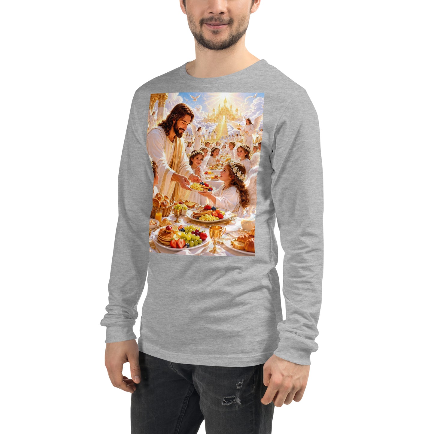Maglietta unisex a maniche lunghe CORPORATION-86 in tessuto athletic heather, vista frontale a sinistra.