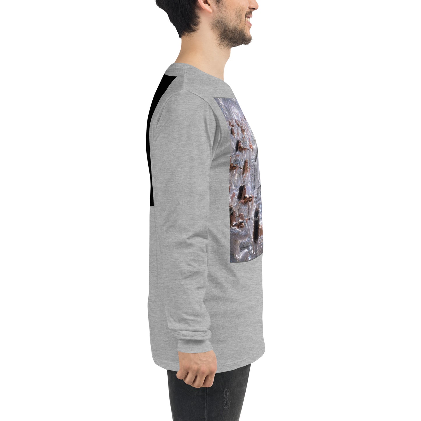 Maglietta unisex a maniche lunghe CORPORATION-86 in tessuto athletic heather, vista frontale con dettagli del colletto e maniche.