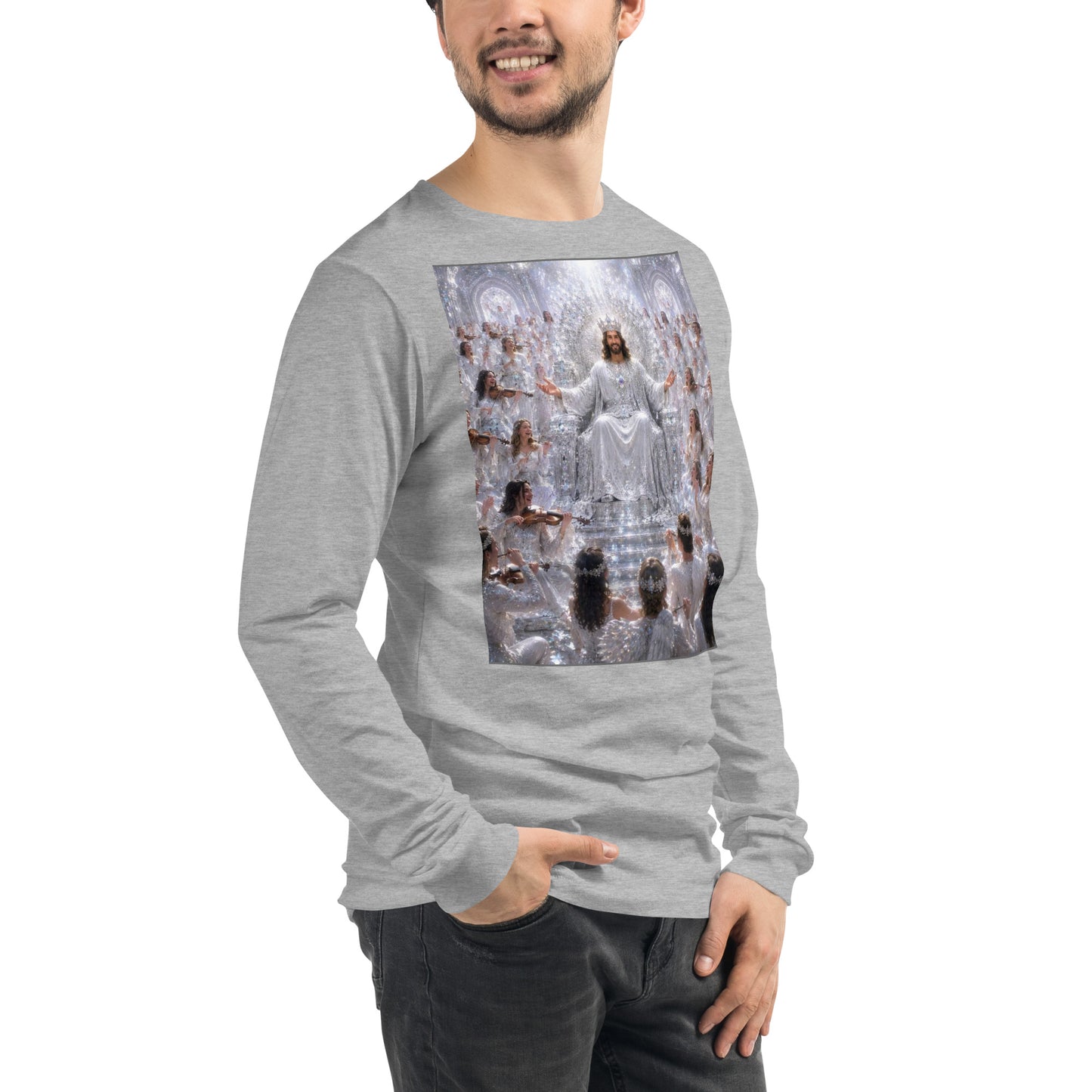 Maglietta unisex a maniche lunghe CORPORATION-86 in tessuto athletic heather, vista frontale a destra.