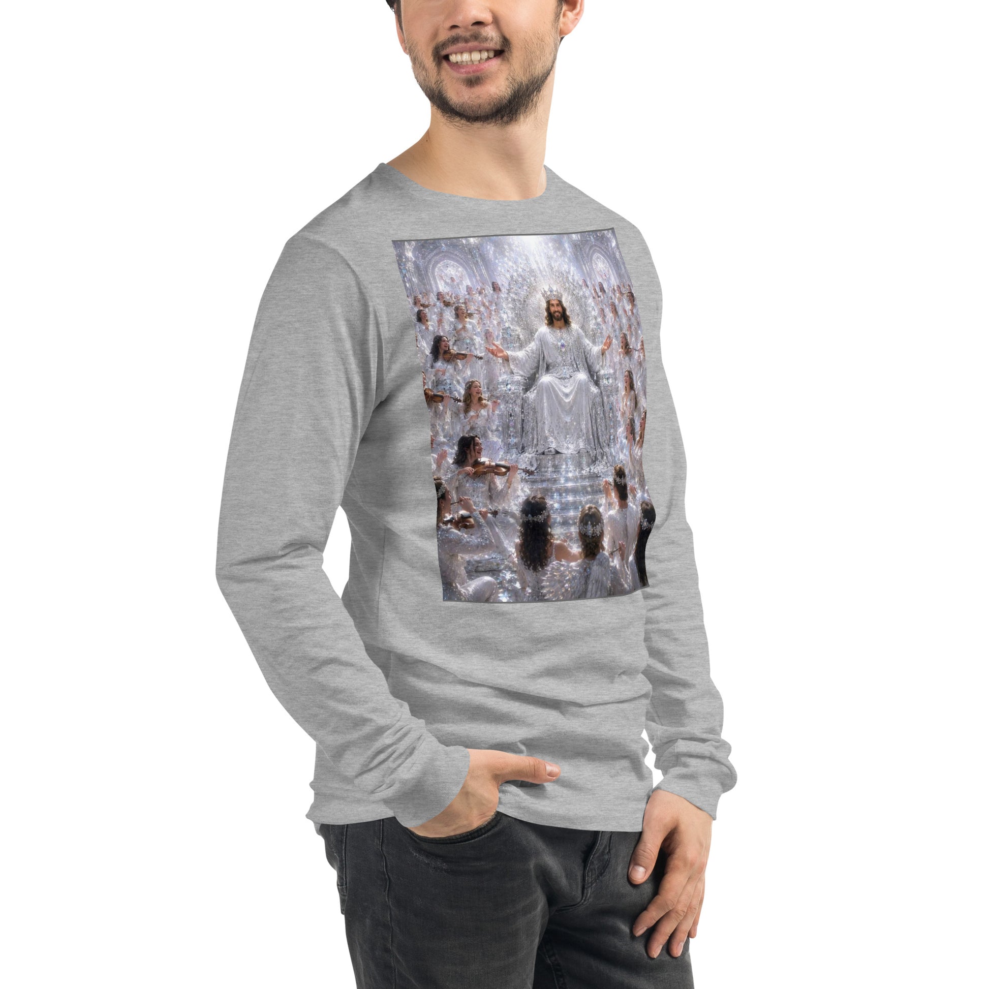 Maglietta unisex a maniche lunghe CORPORATION-86 in tessuto athletic heather, vista frontale a destra.