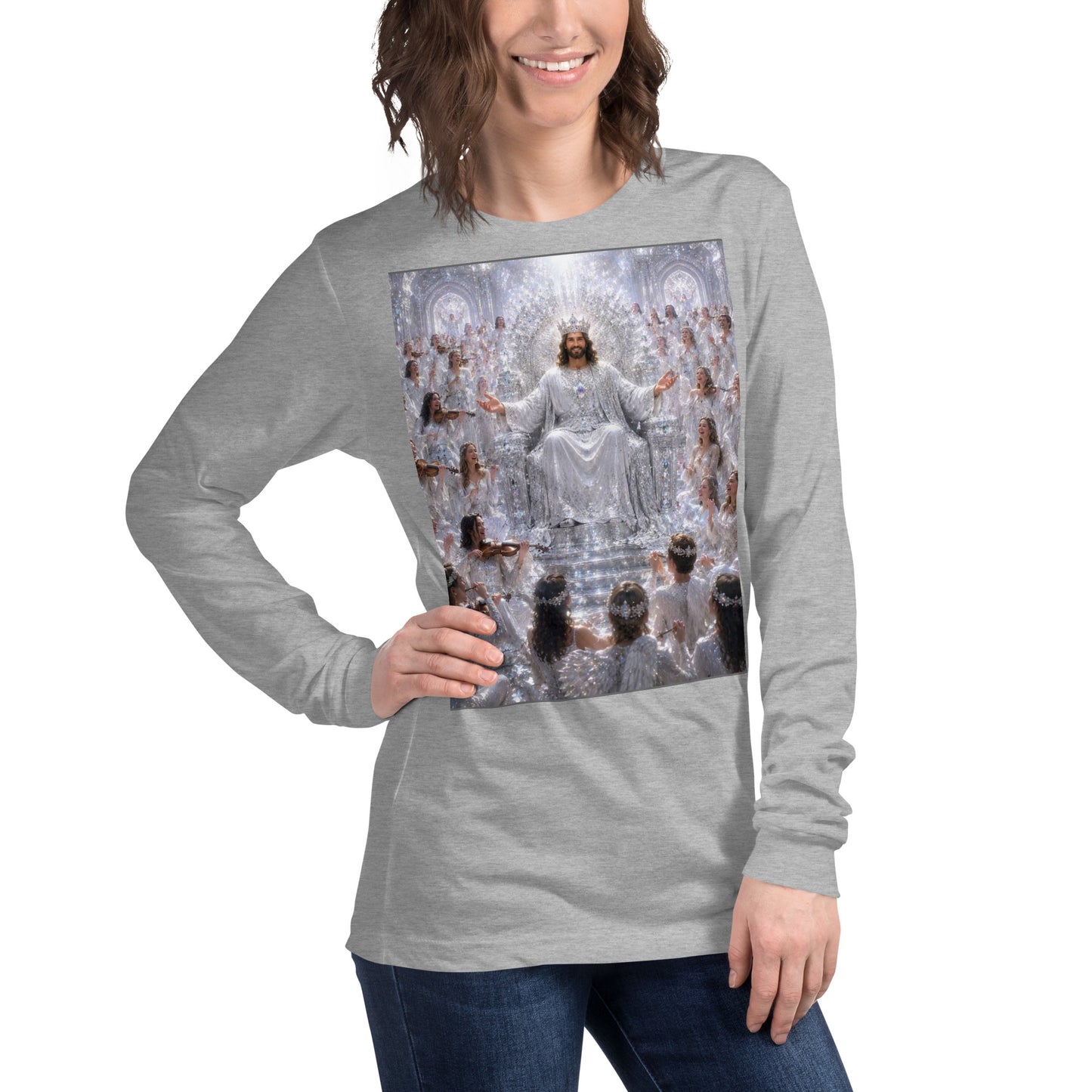 T-shirt unisex a maniche lunghe in tessuto athletico heather, marca CORPORATION-86, vista frontale sul lato destro