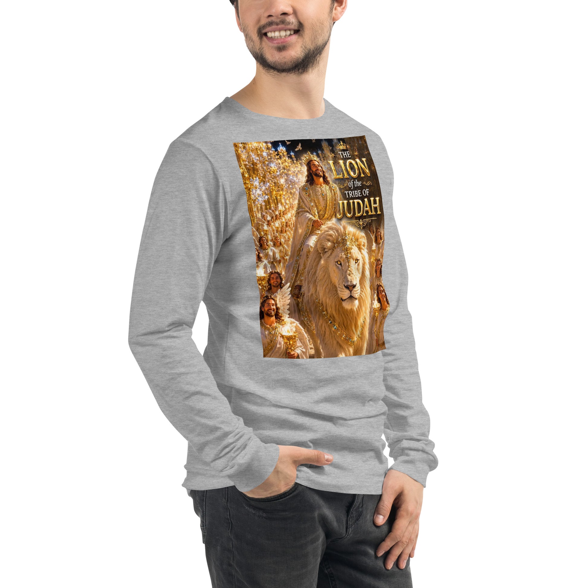 Maglietta unisex a maniche lunghe CORPORATION-86 in tessuto athletic heather, vista frontale sul lato destro.