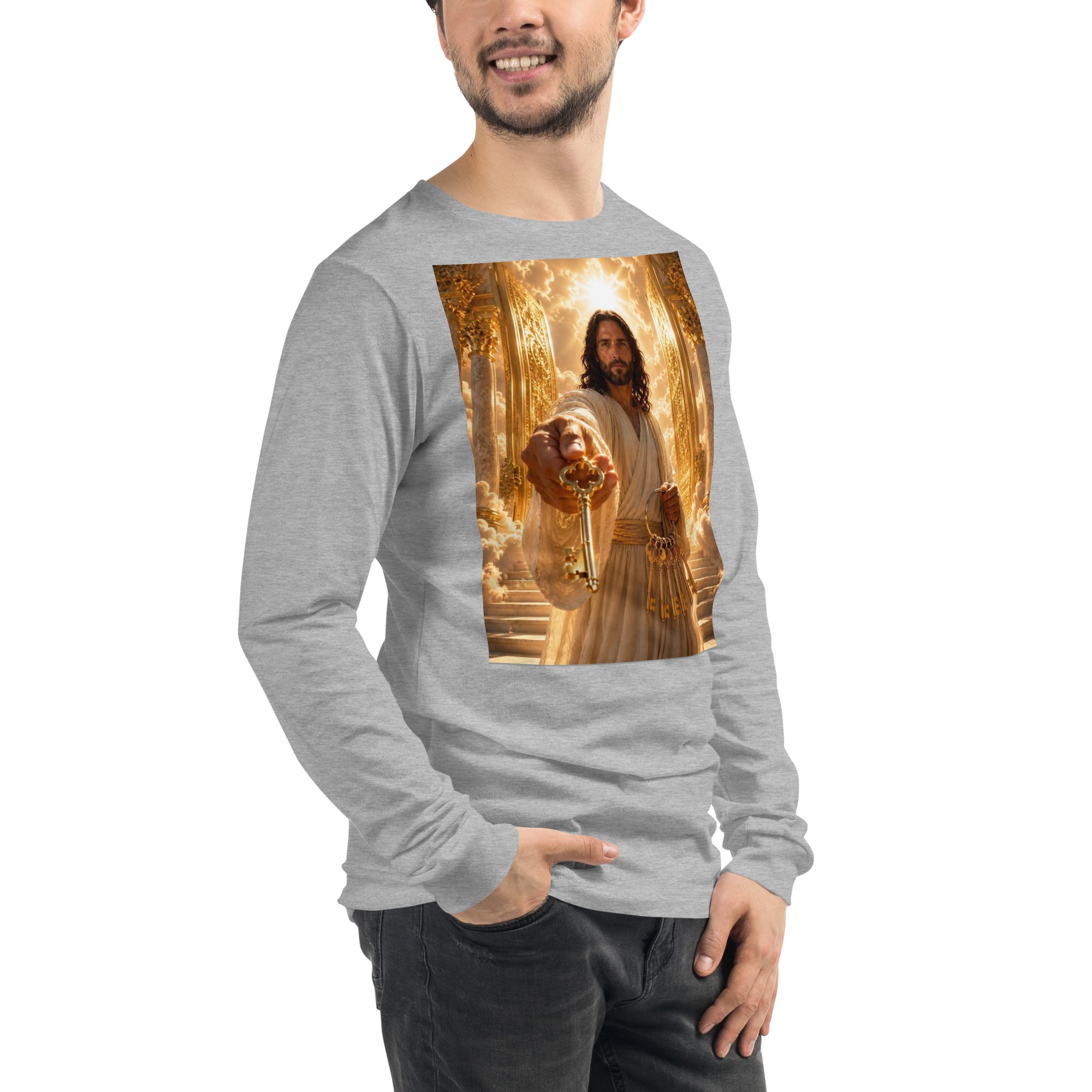 Maglietta unisex a maniche lunghe CORPORATION-86 in tessuto athletic heather, vista frontale sulla parte destra.