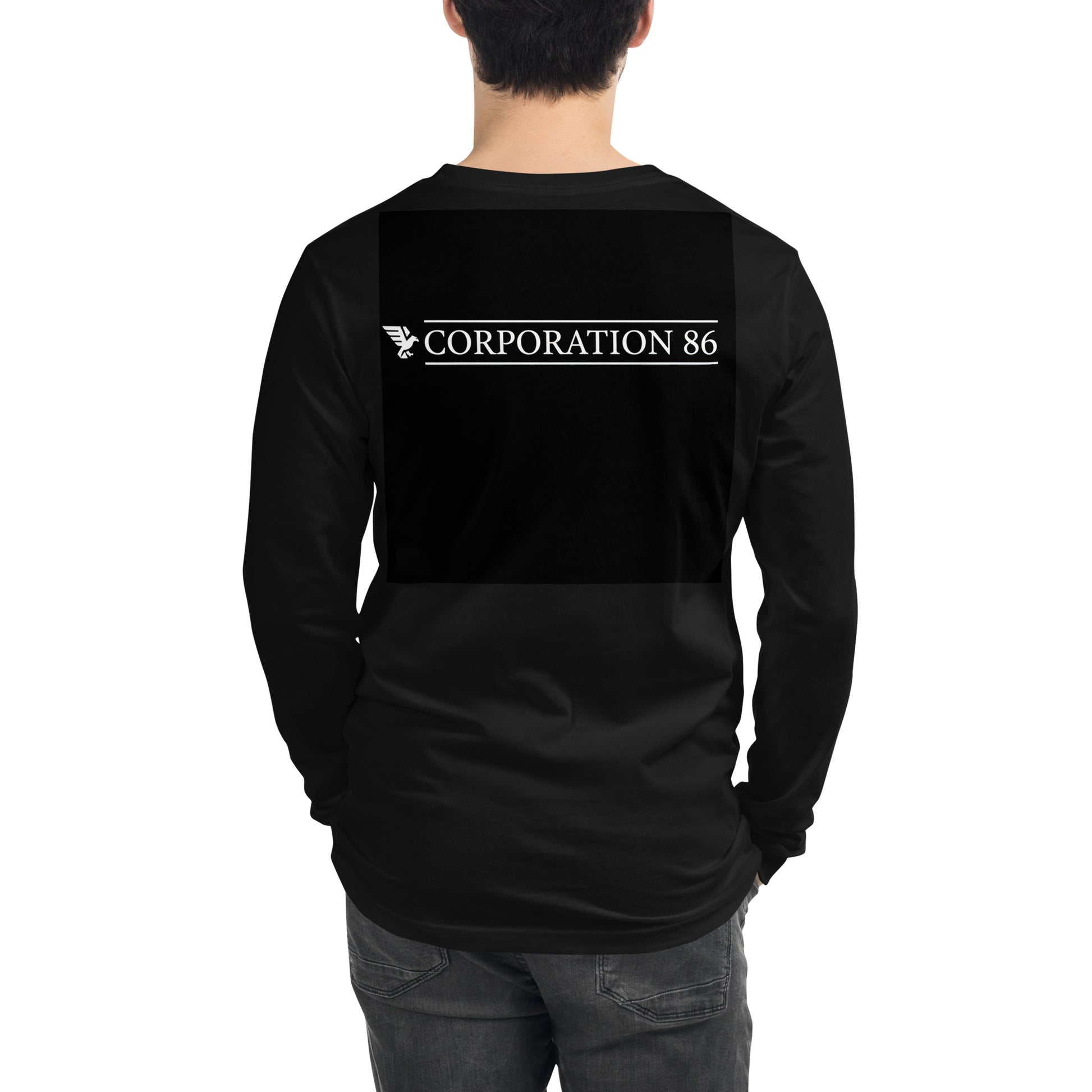Maglietta unisex a maniche lunghe CORPORATION-86 nera vista da dietro, tessuto morbido e comodo, stile casual e versatile.