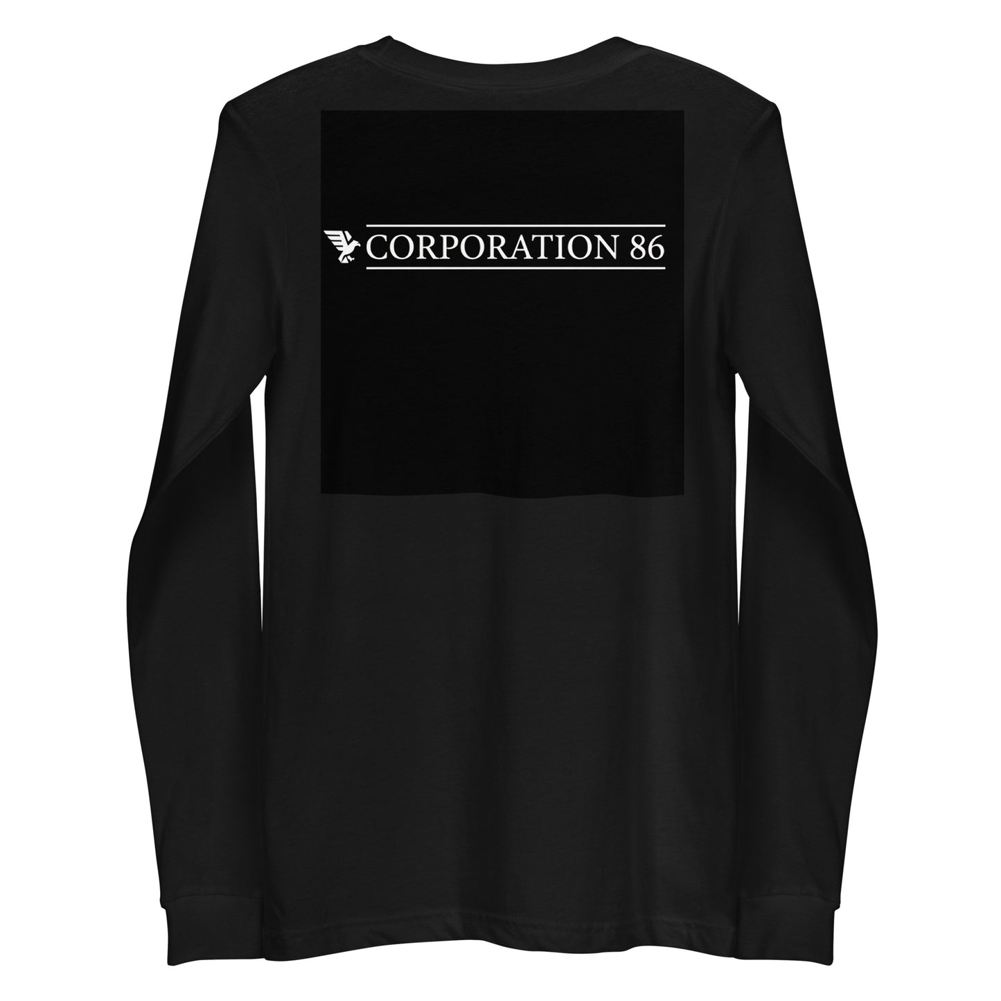 Maglietta unisex a maniche lunghe nero di CORPORATION-86 vista da dietro, tessuto morbido e comodo, stile casual e moderno