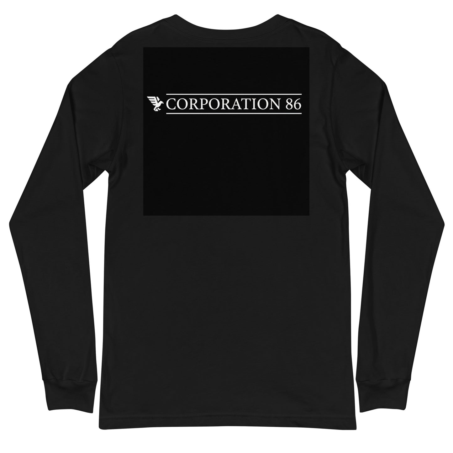 Maglietta unisex a maniche lunghe nera CORPORATION-86 vista posteriore, tessuto morbido e comodo, stile casual e versatile.
