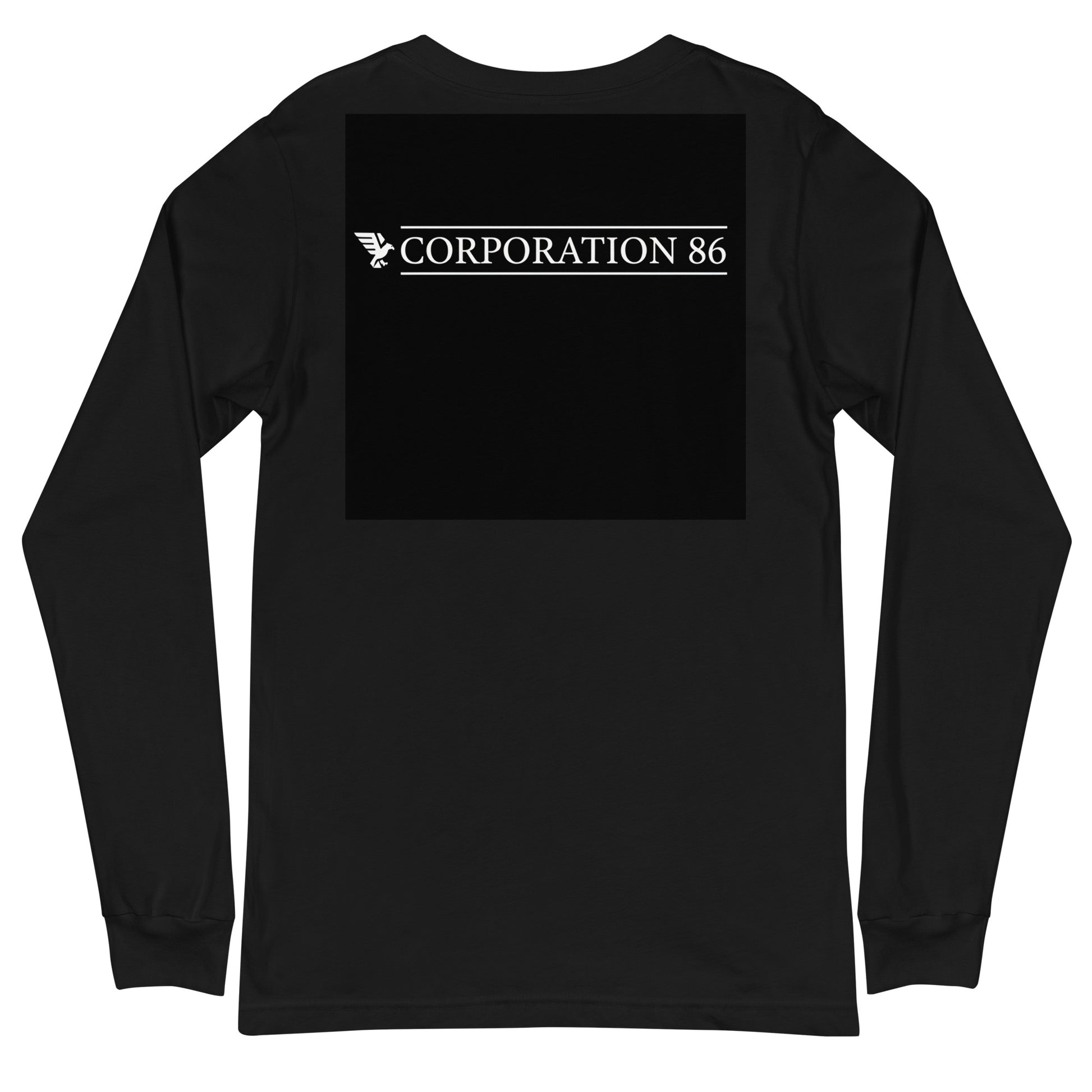 Maglietta unisex a maniche lunghe nera CORPORATION-86 vista posteriore, tessuto morbido e comodo, stile casual e versatile.